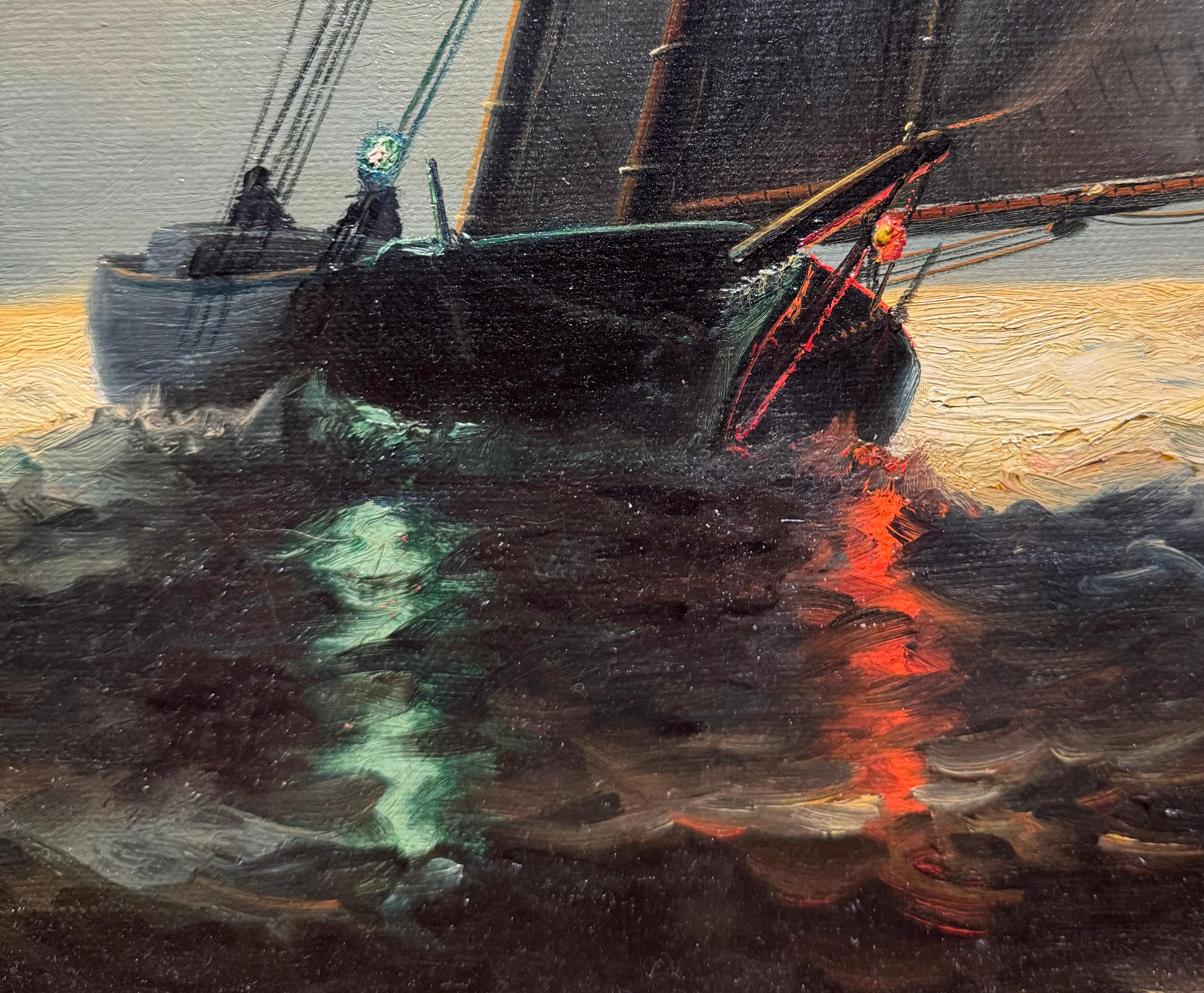 MOONLIT Antique SAILBOAT American NOCTURNAL Maritime Seascape OIL PAINTING 3