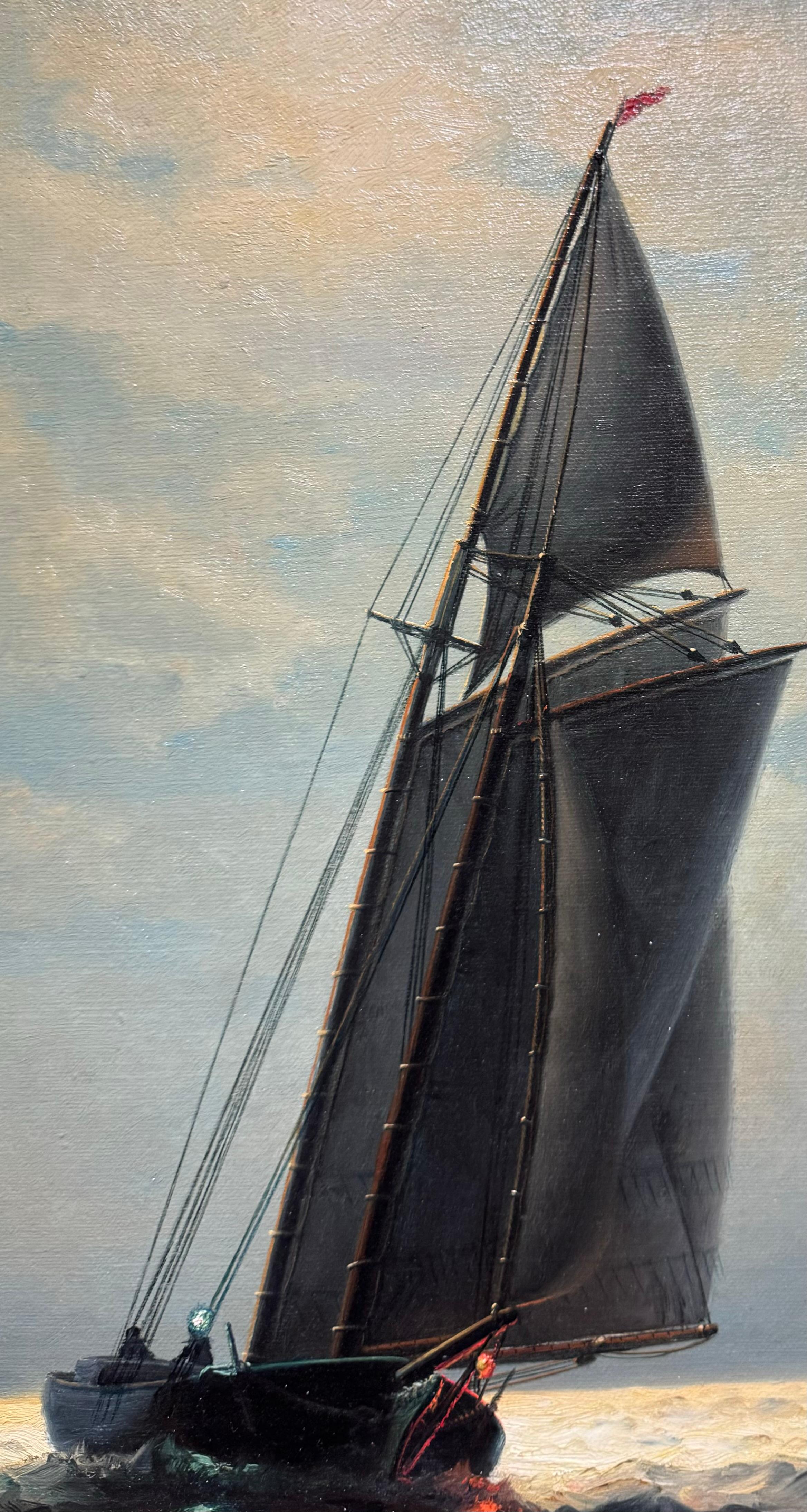 MOONLIT Antique SAILBOAT American NOCTURNAL Maritime Seascape OIL PAINTING 4