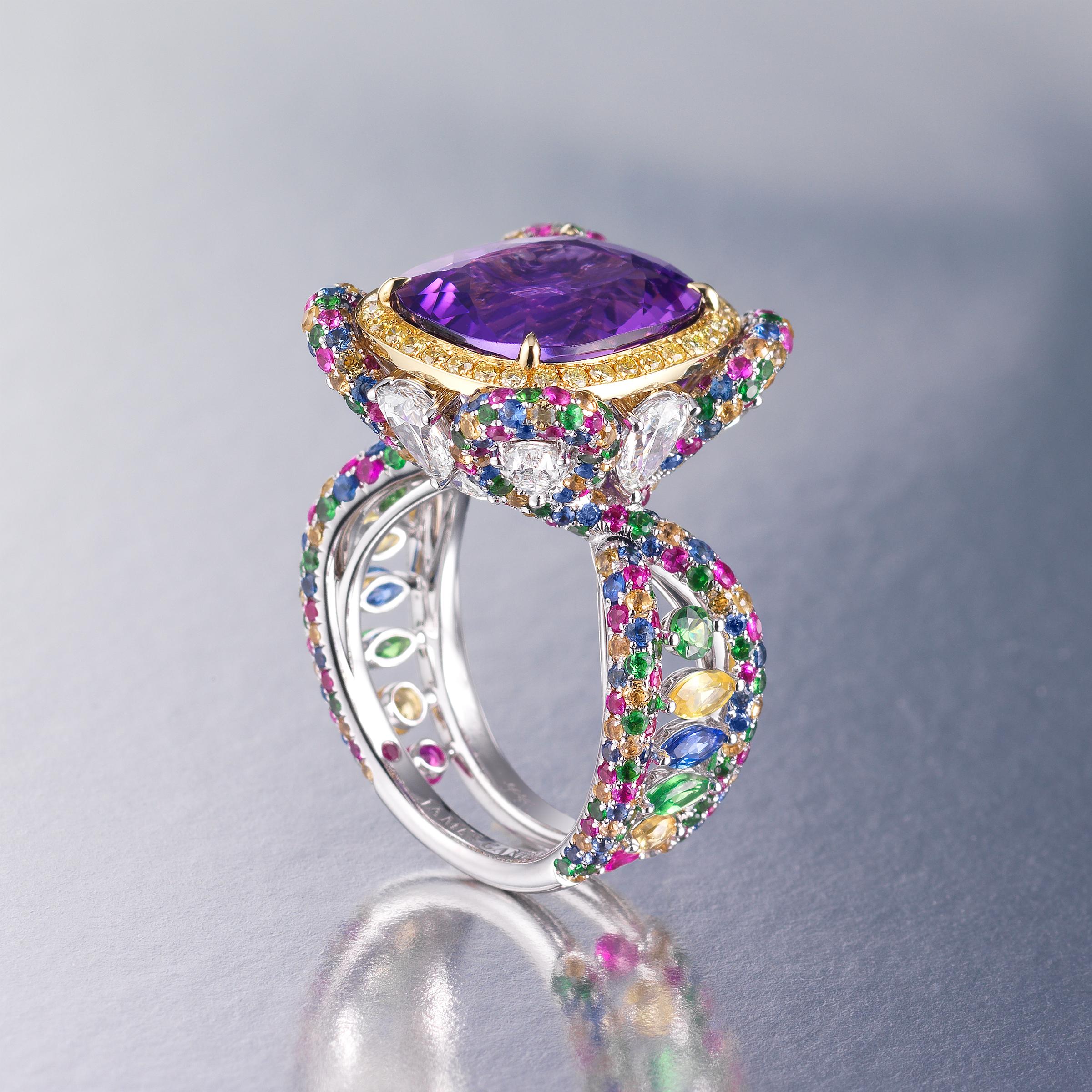 Sublime cocktail ring by James Ganh, London high-jewelry designer who is currently designing the high-jewelry collection for famed Faberge. He is known as the jewelry architect due to his highly intricate designs that have architectural precision,