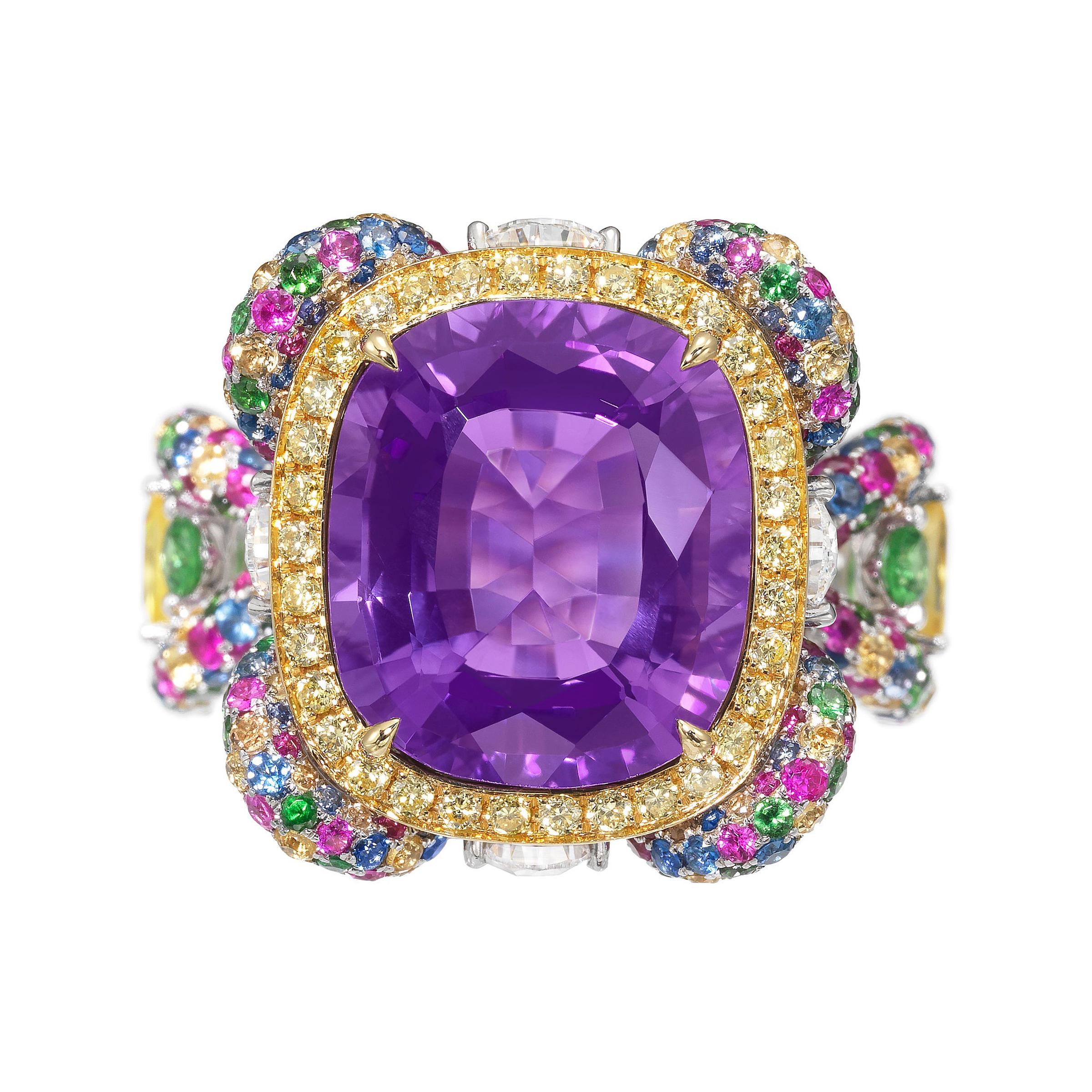 James Ganh Sensational 7.6cts Amethyst Sapphire Diamond Ring in 18K Gold