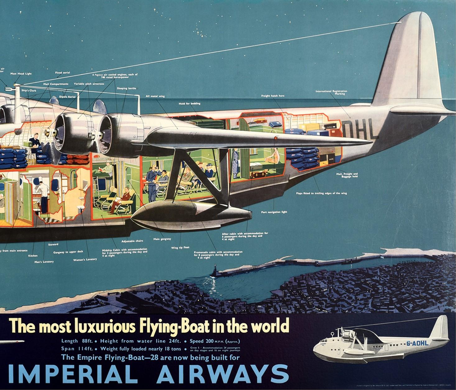 Poster originale d'epoca Imperial Airways Impero Barca Volante Canopo Aereo Viaggio - Print Blu di James Gardner
