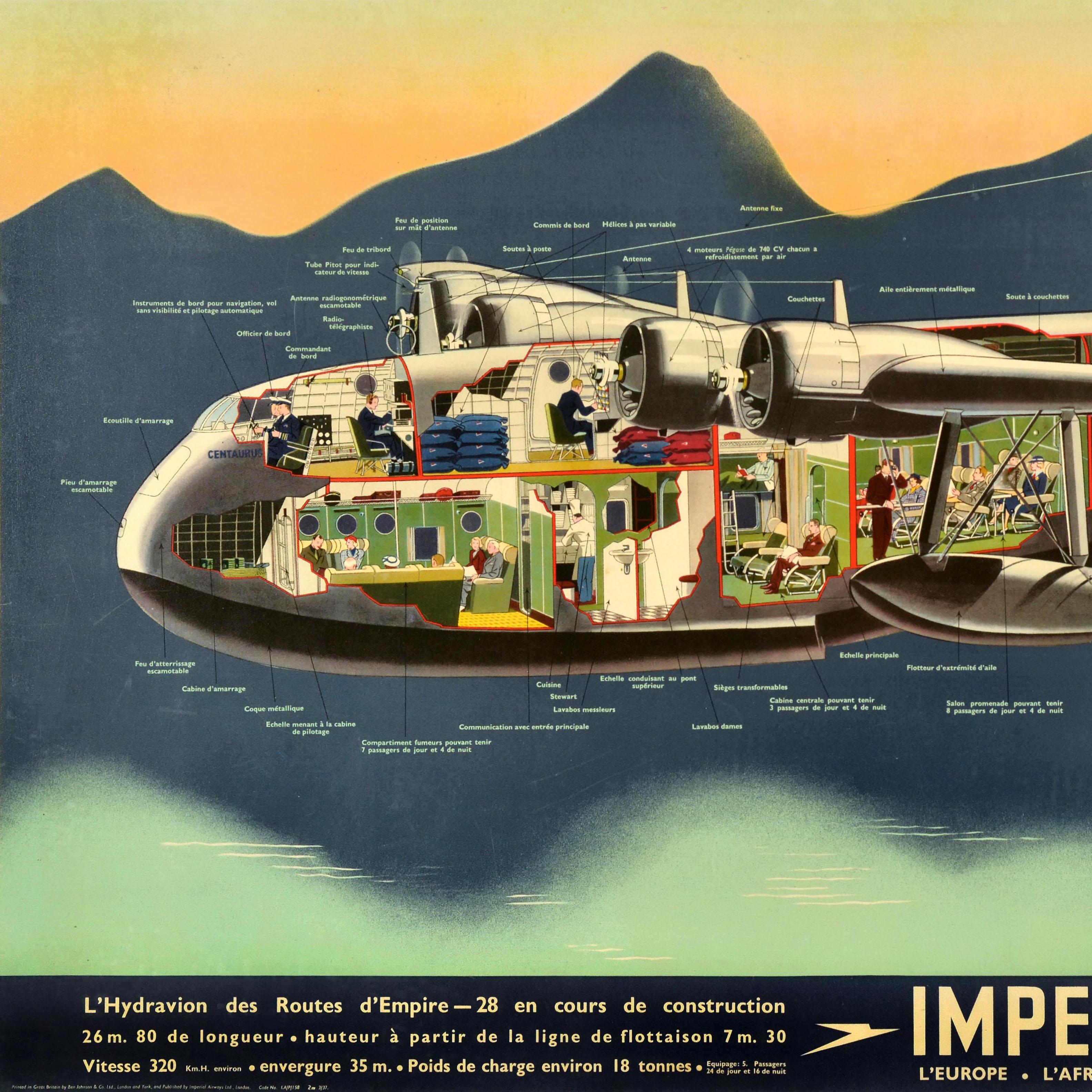 Poster di viaggio originale d'epoca Imperial Airways Hydravion Empire Flying Boat - Print Nero di James Gardner