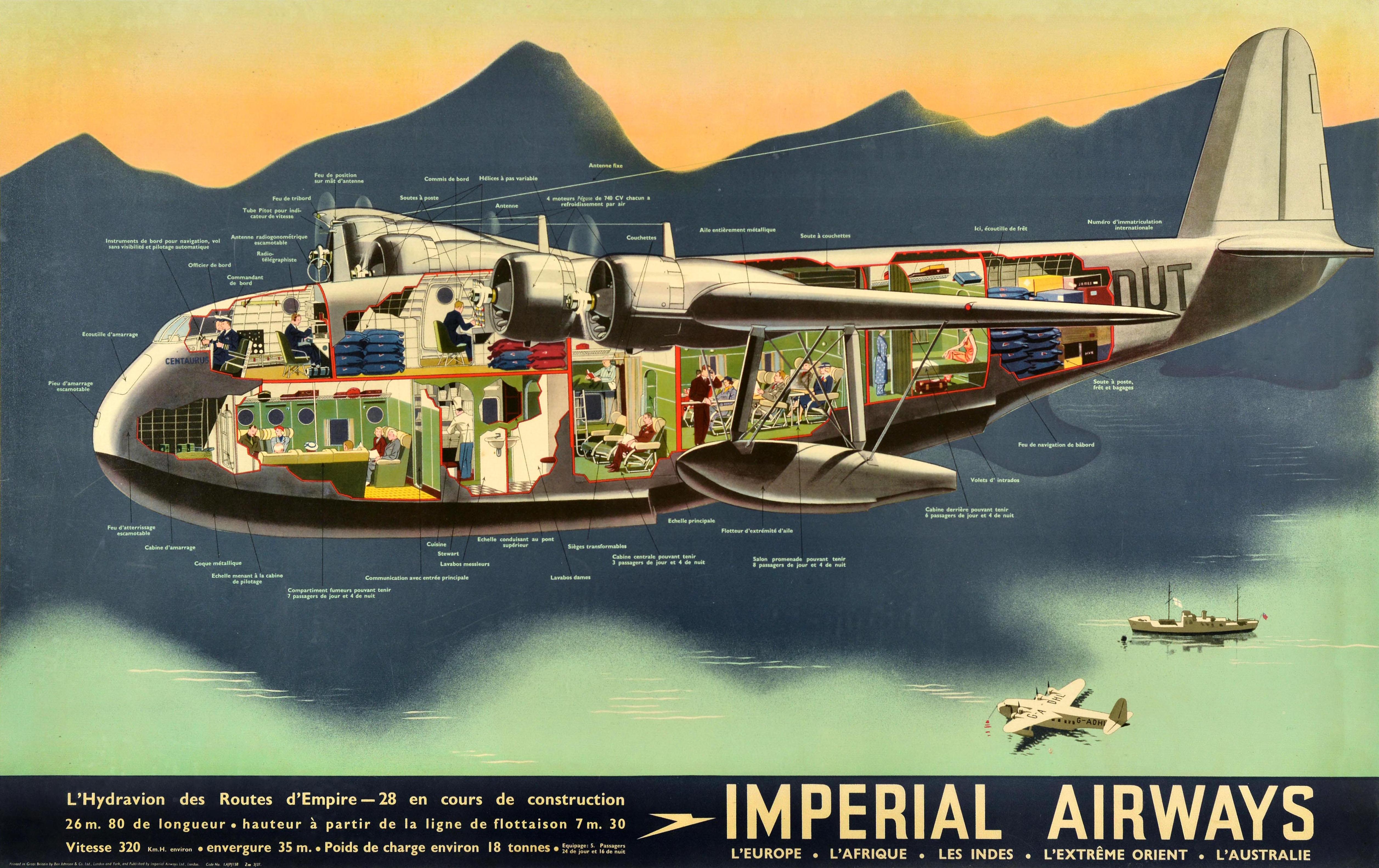 Print di James Gardner - Poster di viaggio originale d'epoca Imperial Airways Hydravion Empire Flying Boat