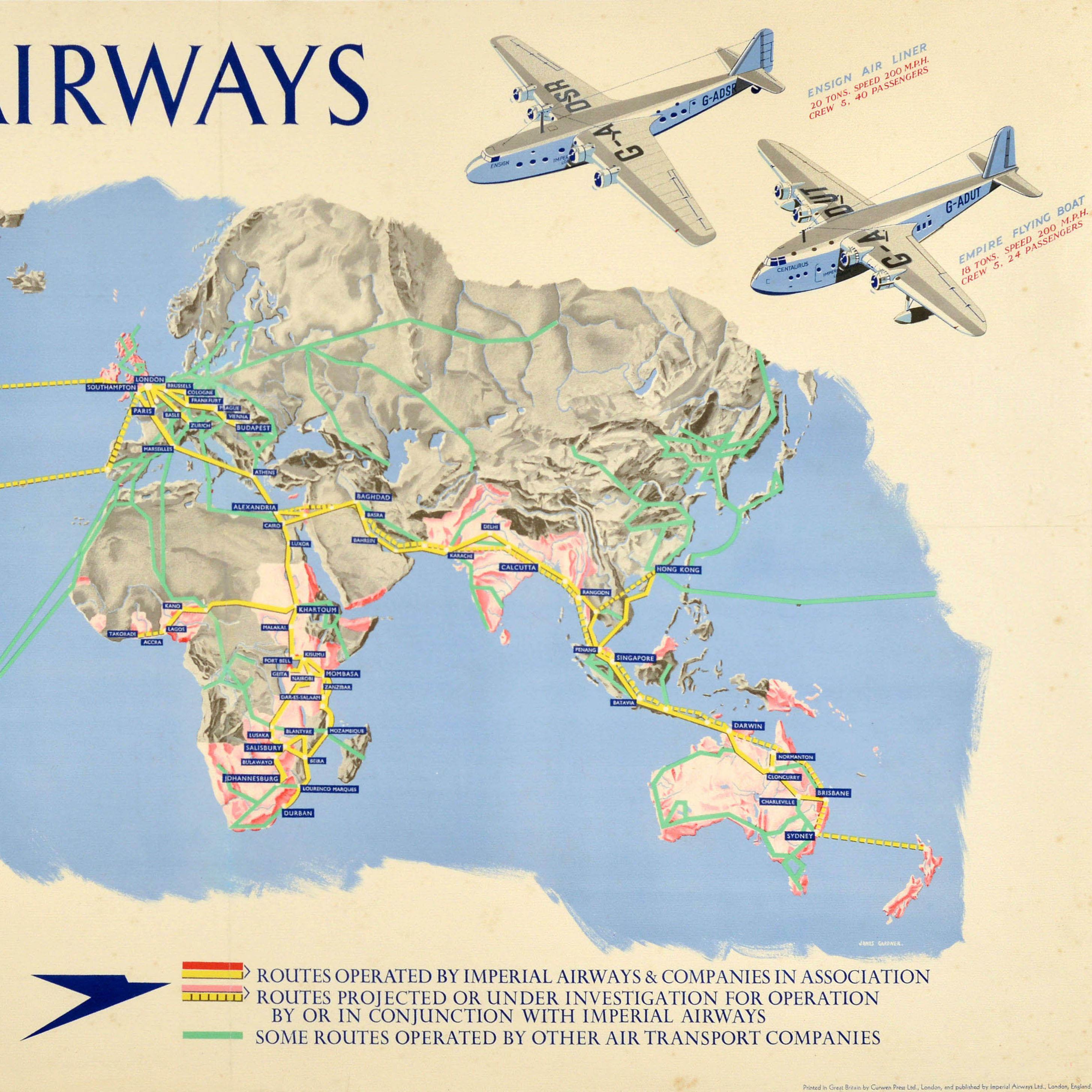Original-Vintage-Reiseplakat Imperial Airways Routes, Ensign Empire, Fliegenboot (Beige), Print, von James Gardner