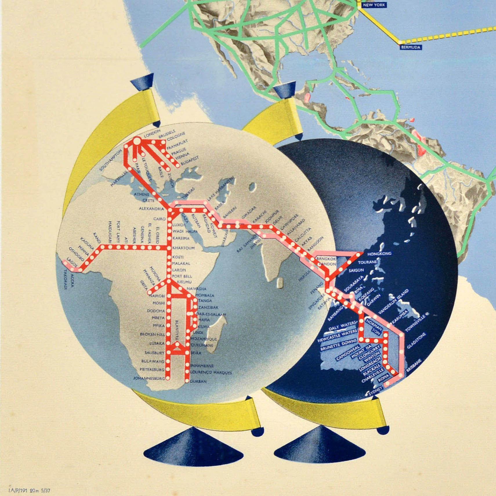 Originales Vintage-Reiseplakat für Imperial Airways mit einer Weltkarte, auf der die von Imperial Airways & Companies betriebenen Routen eingezeichnet sind. Zwei Flugzeuge mit Angaben zu Gewicht, Geschwindigkeit, Besatzung und Passagieren - ein