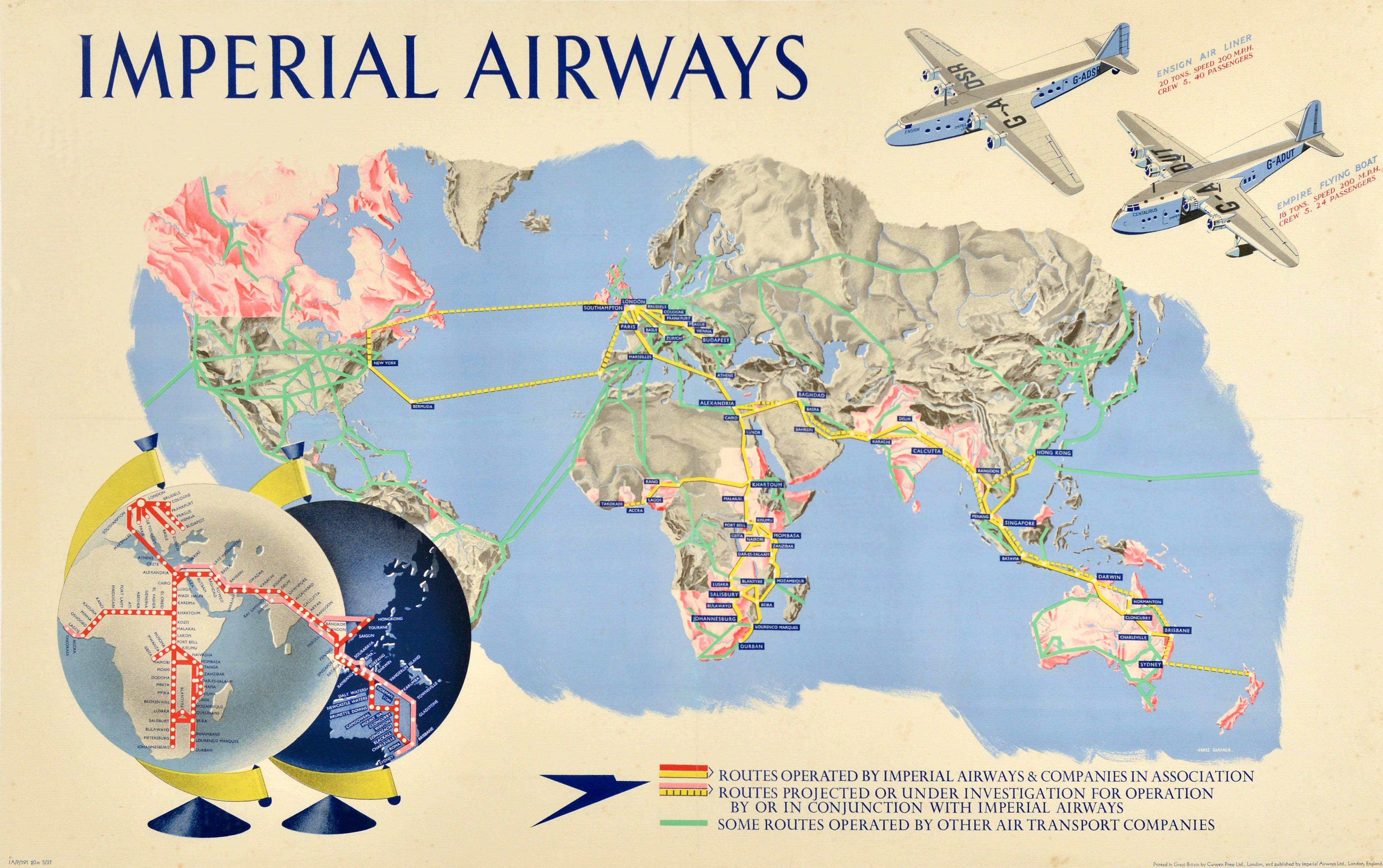 James Gardner Print - Original Vintage Travel Poster Imperial Airways Routes Ensign Empire Flying Boat