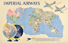 Original-Vintage-Reiseplakat Imperial Airways Routes, Ensign Empire, Fliegenboot