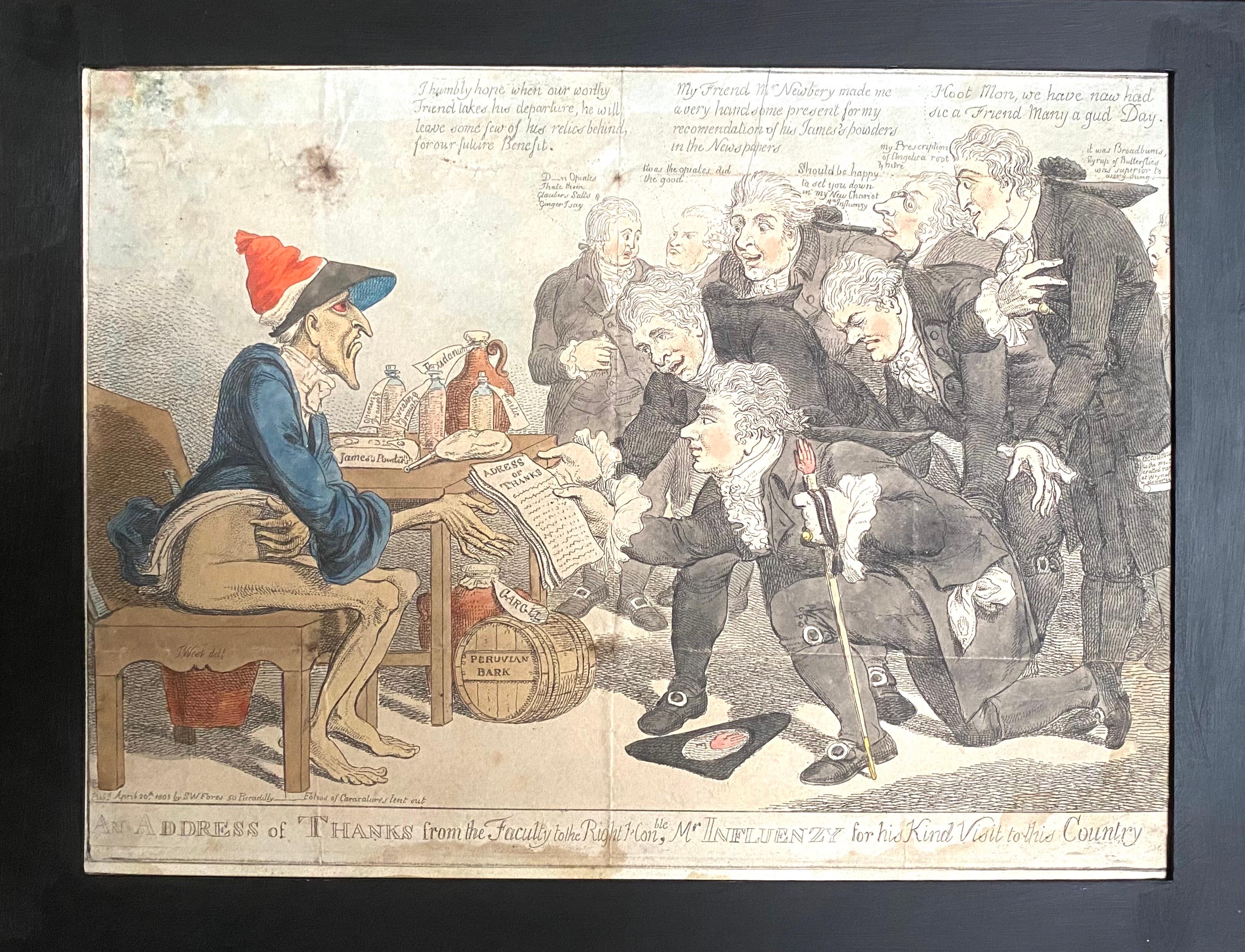 Eine Dankesrede der Fakultät an den ehrenwerten Herrn Influenzy für seinen freundlichen Besuch in diesem Land

Handkolorierte Originalradierung von James Gillray, die am 14. April 1803 in London von Hannah Humphrey, dem führenden Verlag für