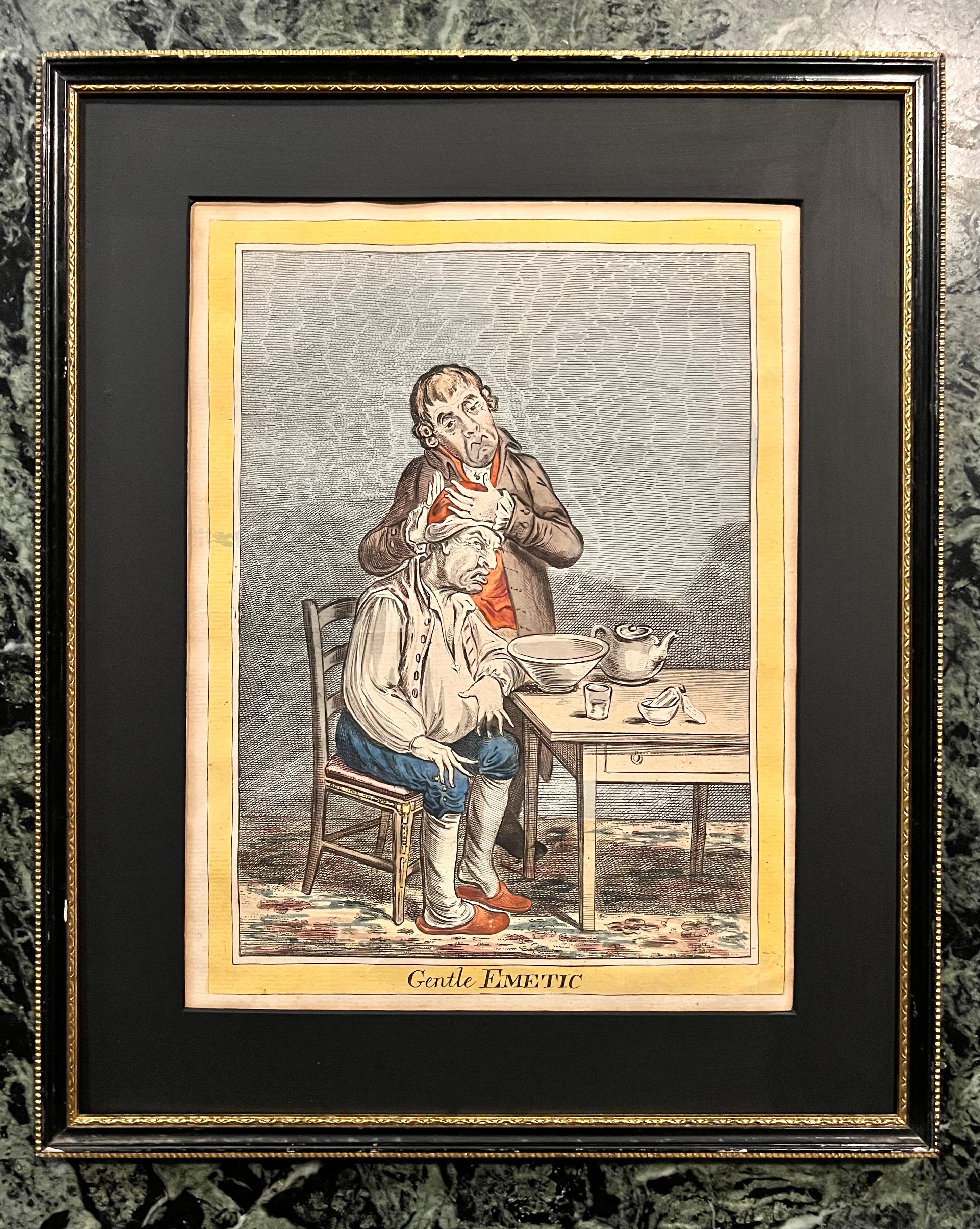 An etching by James Gillray, published in London by Hannah Humphrey in 1804, and hand-colored. This work belongs to the satirical medical series in which Gillray criticizes the extreme harshness of the therapeutic treatments of his time. Here, a