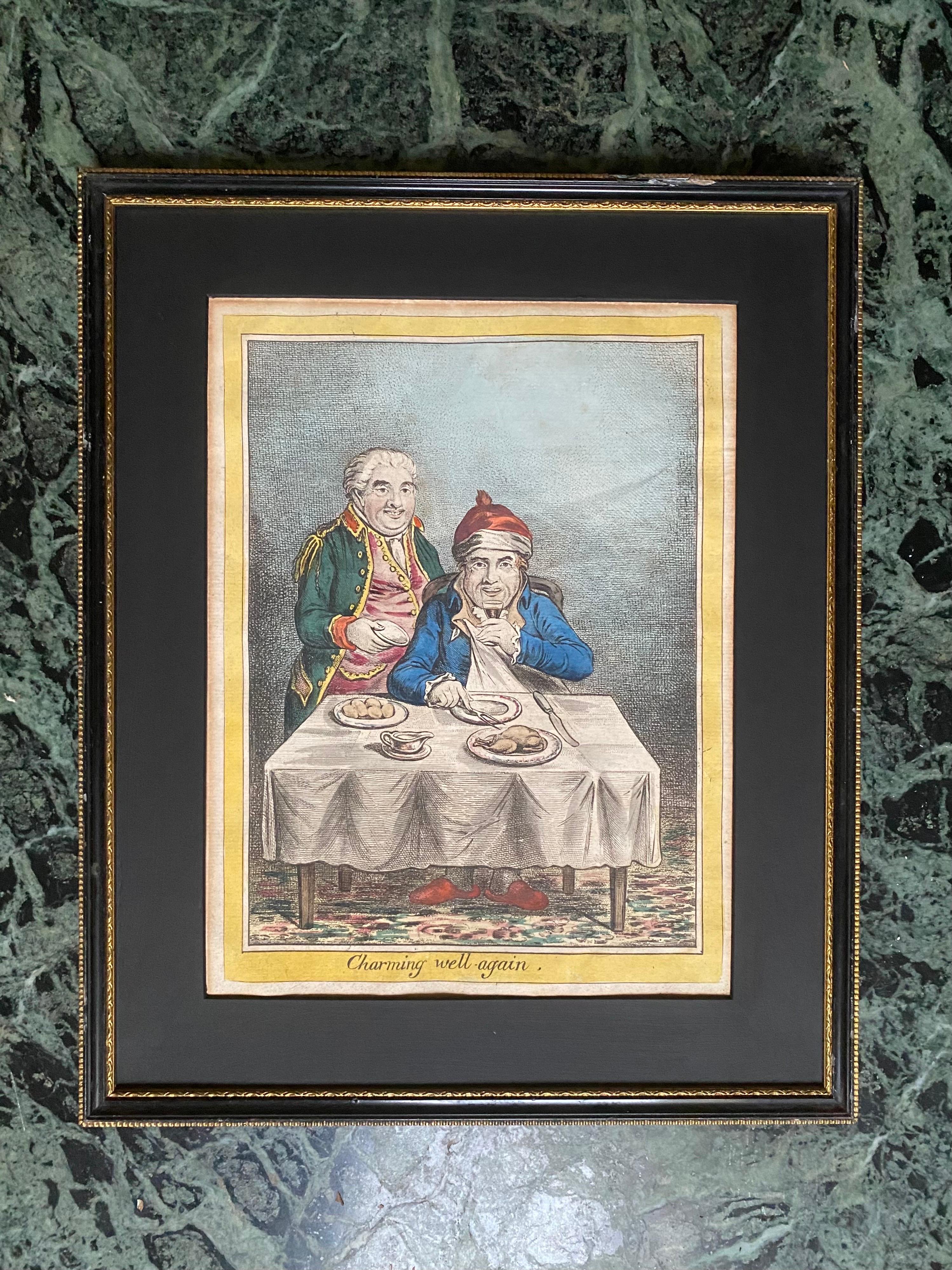 Dieser wunderschöne satirische Stich mit dem Titel Charming-well again ist das Werk des berühmten britischen Karikaturisten James Gillray (1756-1815), dem unbestrittenen Meister der politischen und gesellschaftlichen Satire des 18. Jahrhunderts. Es