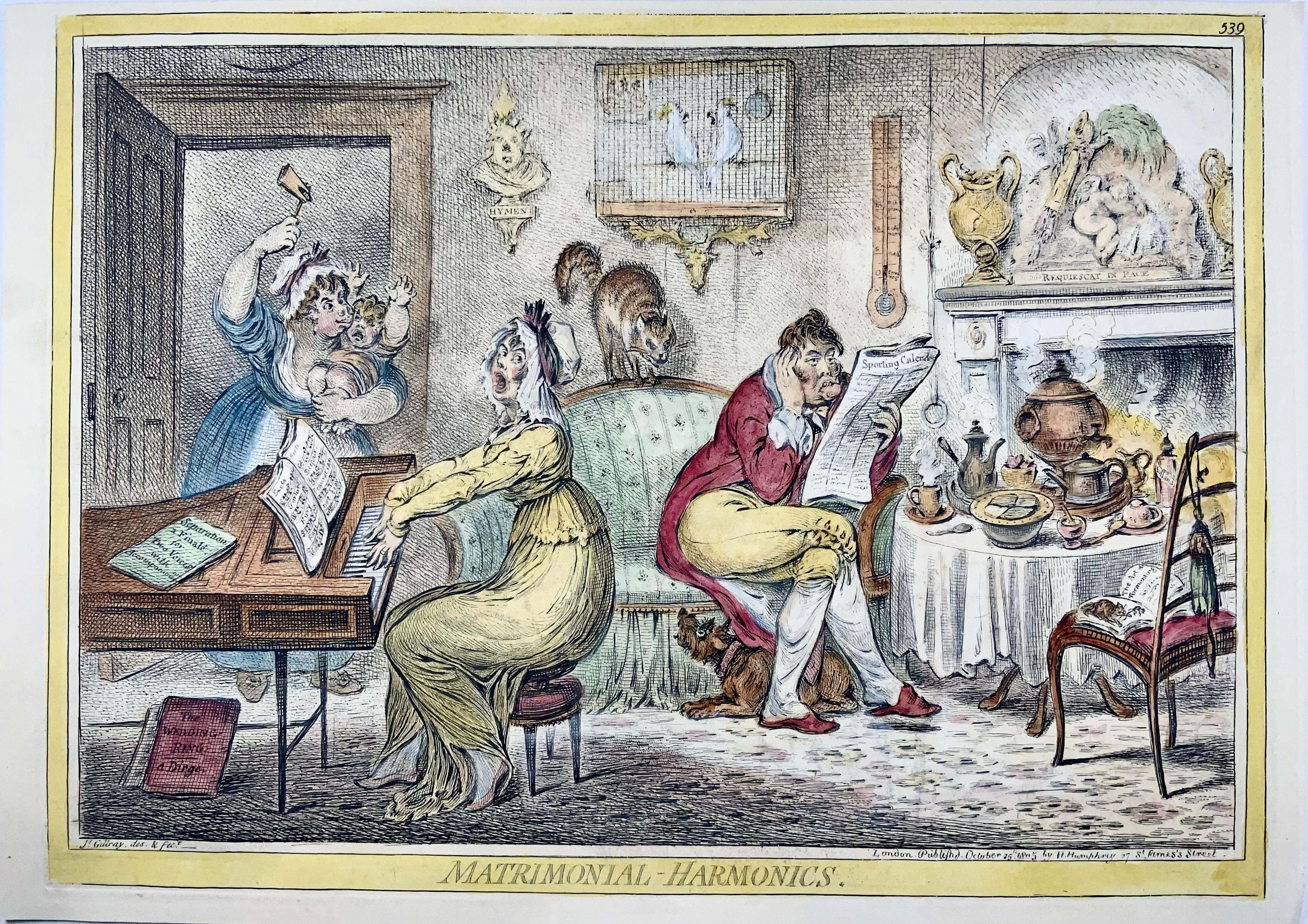 'Matrimonial Harmonics'

Published by: Hannah Humphrey 1805, Bohn Edition (1847). 

27.3 x 38 cm

Original hand coloured engraving. Caricature map of Britain in the guise of an old woman seated on a sea creature, from Bohn's with image on recto,