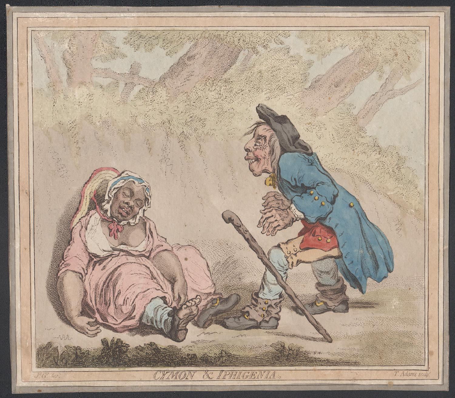 cymon et Iphigénie'

Eau-forte avec coloration manuelle originale par James Gillray, 1796.

Gillray était un important caricaturiste anglais. En 1796, il publie cette caricature de la découverte de Cymon par Iphigénie, tirée de l'adaptation par