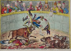 Handkolorierte Radierung "Der spanische Stierkampf" Napoleon-Satire von James Gillray