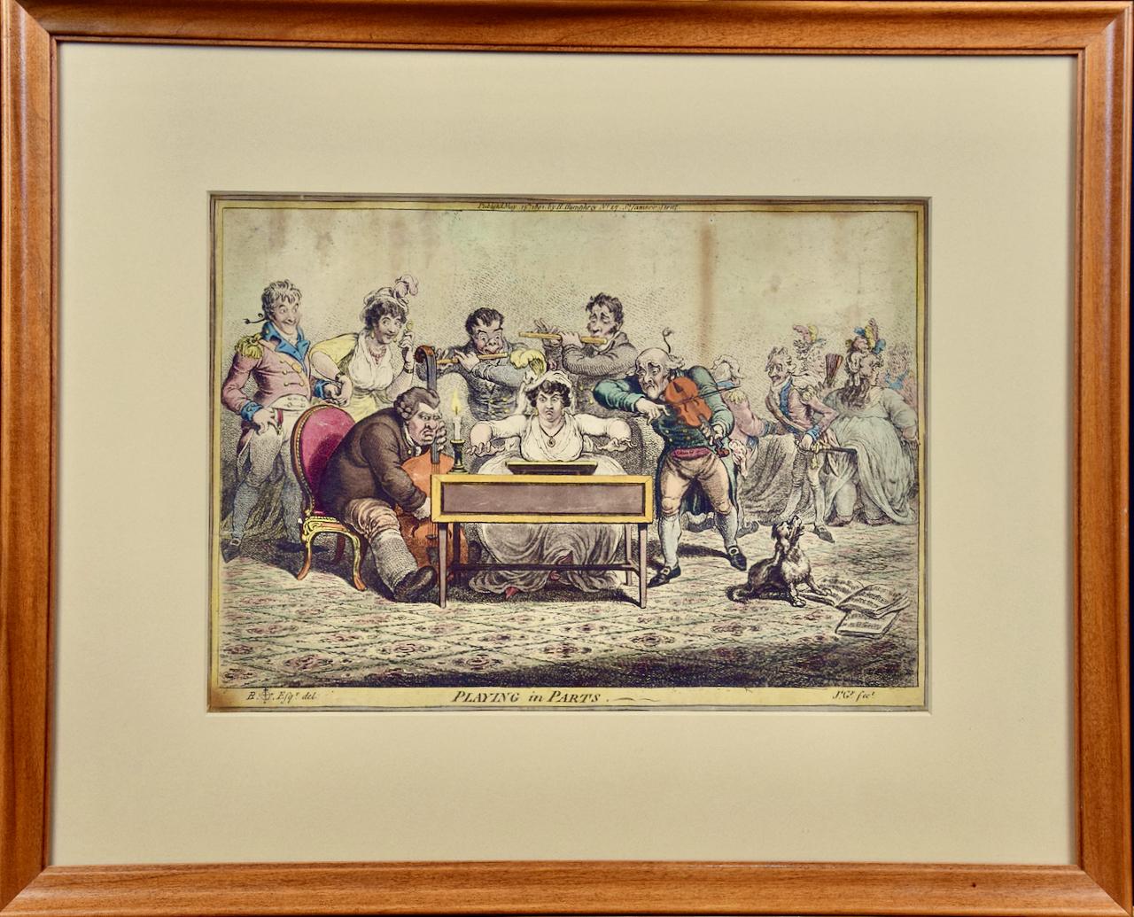 Diese handkolorierte Radierung und Aquatinta-Karikatur mit dem Titel "Playing in Parts" von James Gillray wurde am 15. Mai 1801 in London bei Hanna Humphrey, 27 St. James Street, veröffentlicht. Der Druck ist in der Platte rechts unten signiert.