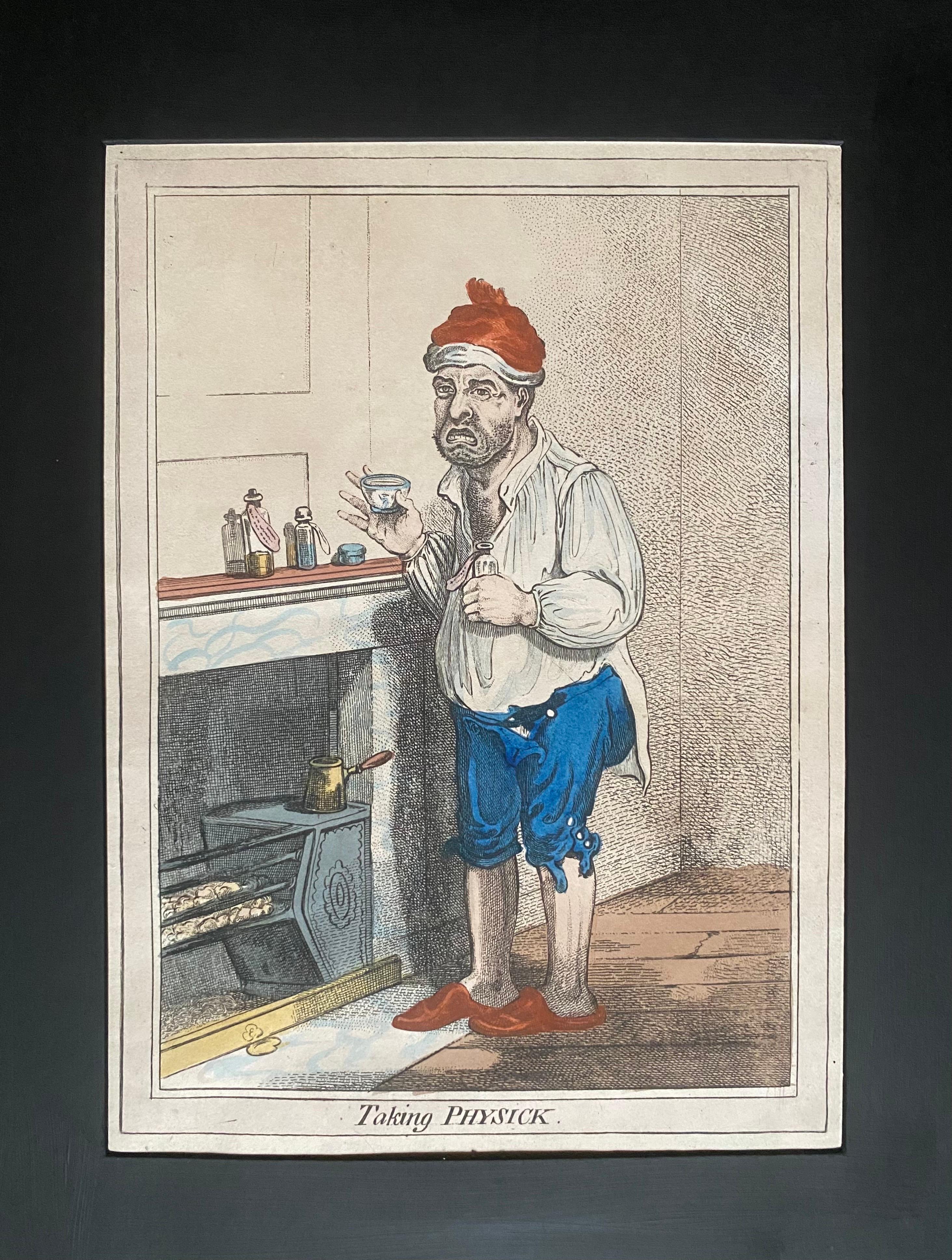 James Gillray - Die Einnahme von Medizin - Handkolorierte Radierung - 1800 (Georgian) im Angebot
