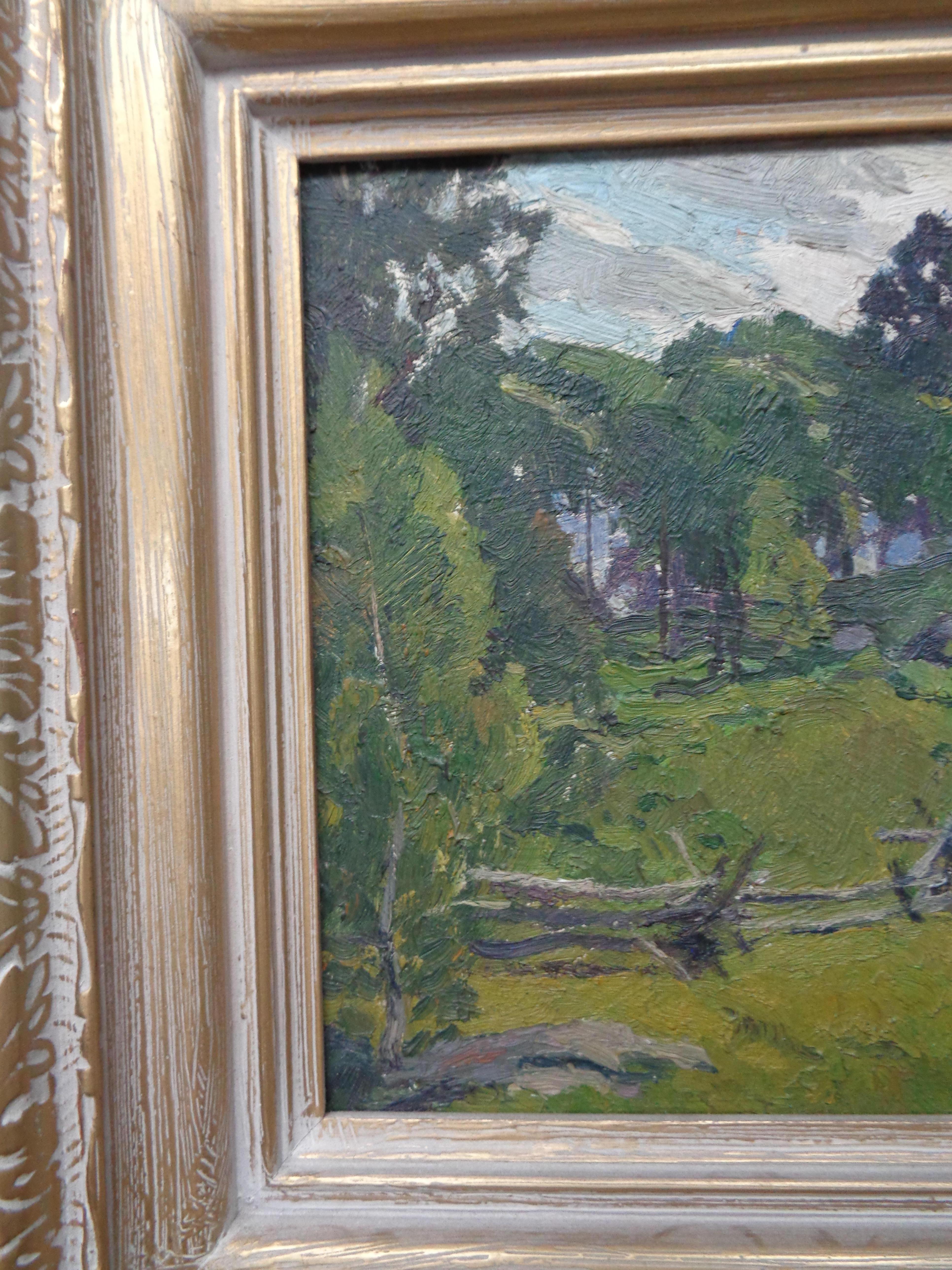 James Goodwin McManus (American  1882-1958) CT
oil/panel
Summer landscape with split rails 
signed LR
dated June 22, 1934 verso
8 x 10 image
Biography:
James Goodwin McManus was a noted American painter and considered one of the deans of Connecticut