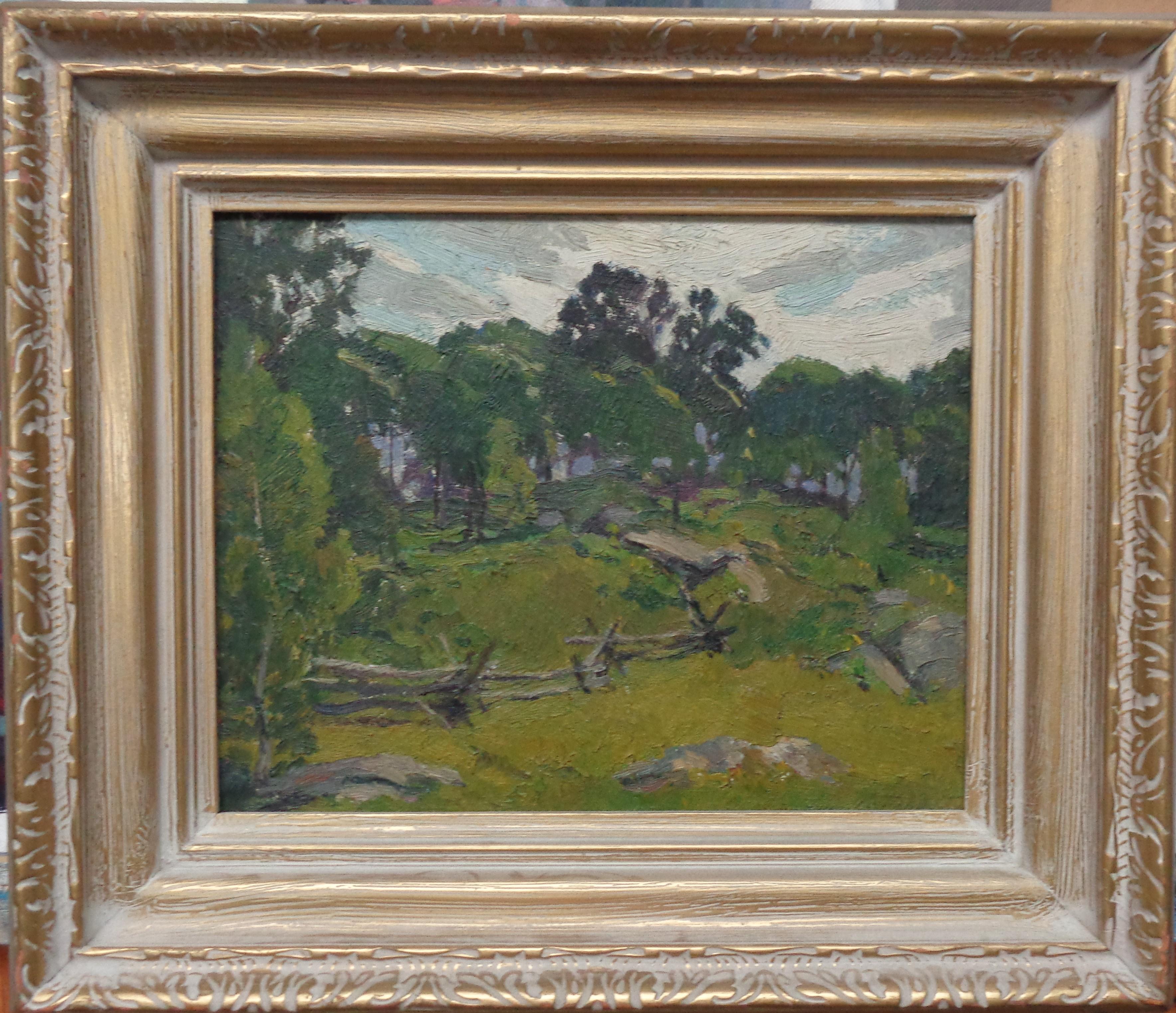 James Goodwin McManus (American  1882-1958) CT
oil/panel
Summer landscape with split rails 
signed LR
dated June 22, 1934 verso
8 x 10 image
Biography:
James Goodwin McManus was a noted American painter and considered one of the deans of Connecticut