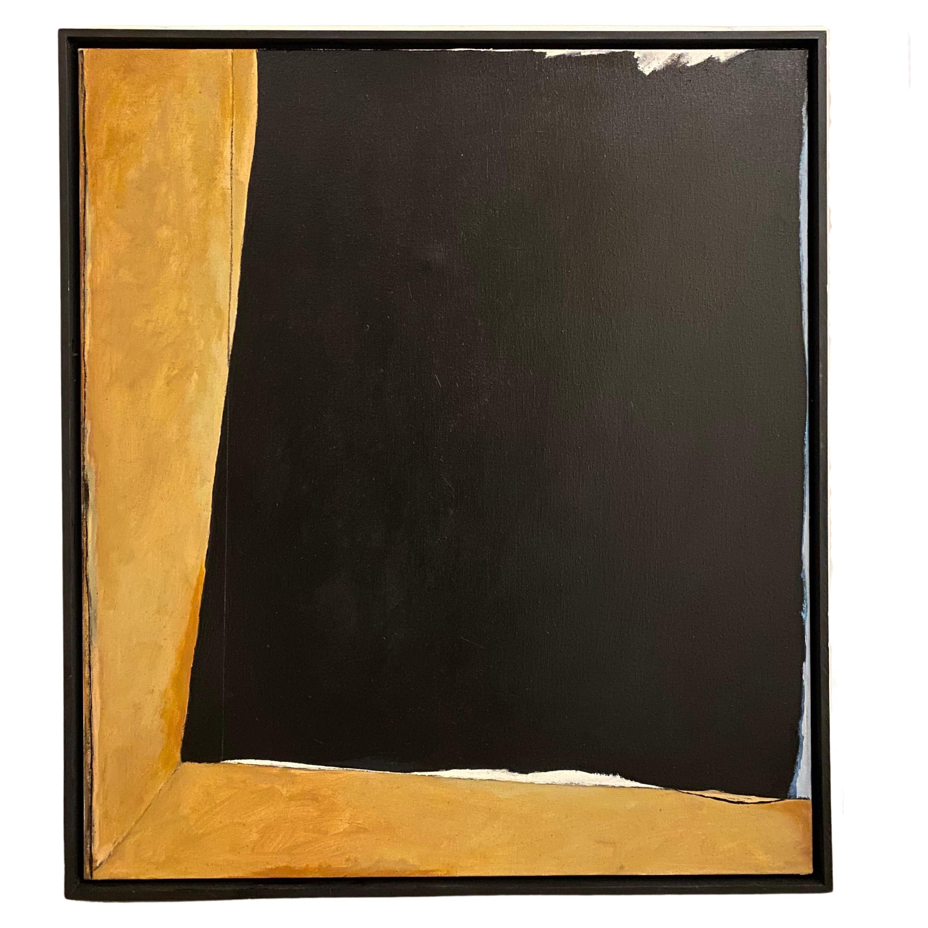 This large abstract oil artwork features a large black block sitting on a yellow L on the left corner of the frame. The compartmentalized color fields offered viewers a powerful and bold overall impression. The painting is signed and dated (1994) at
