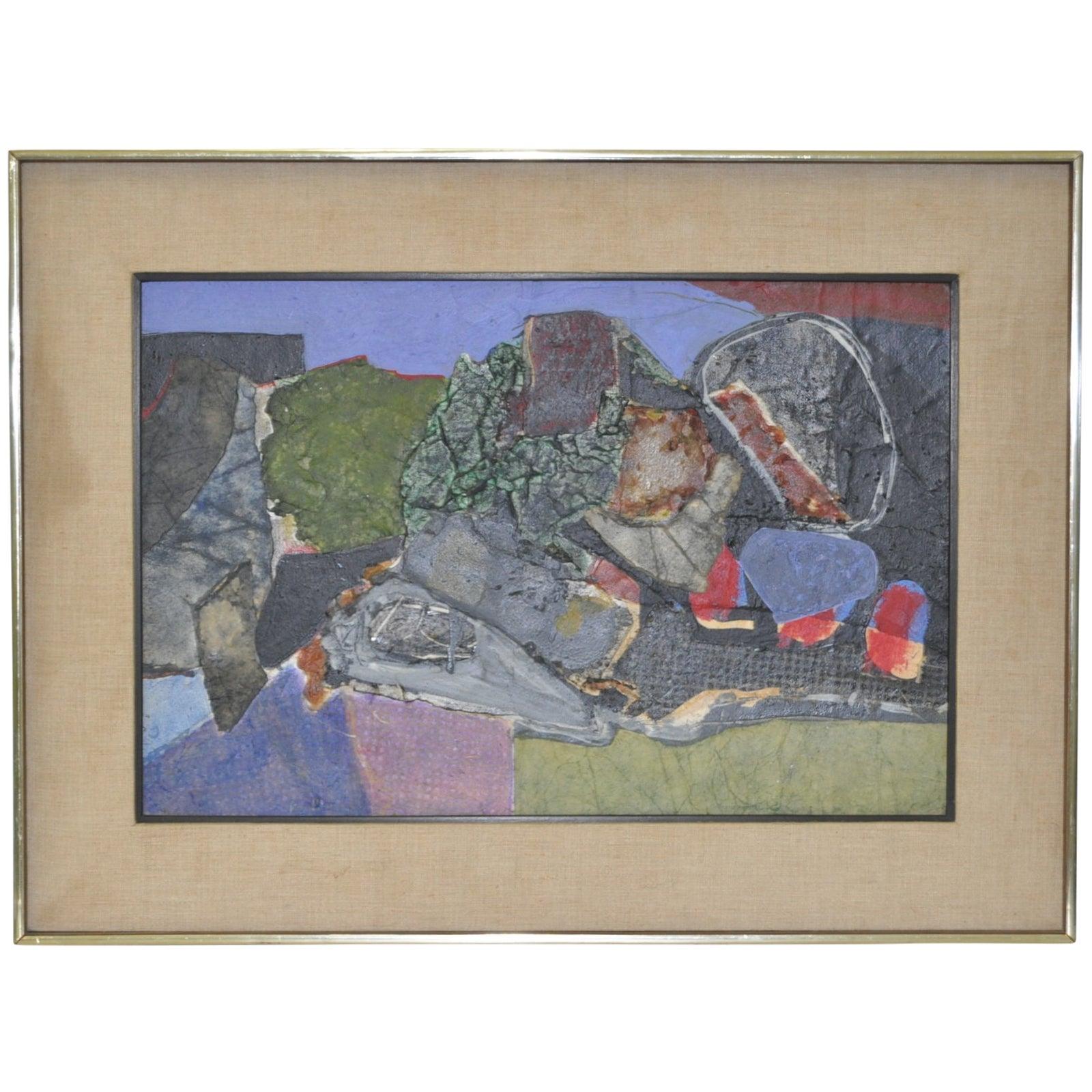 Quadro d'arte a tecnica mista dell'artista quotato James Grant (1924-1997). Intitolato "Three Dot". Collage con oli su masonite.  Questo raffinato quadro astratto mid modern illuminerà qualsiasi interno moderno. L'arte astratta vintage sta tornando