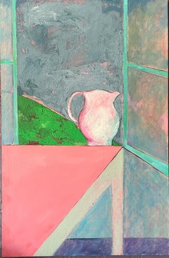 Großes blau-rosa Stillleben – Acrylgemälde auf Sperrholz von James Grant