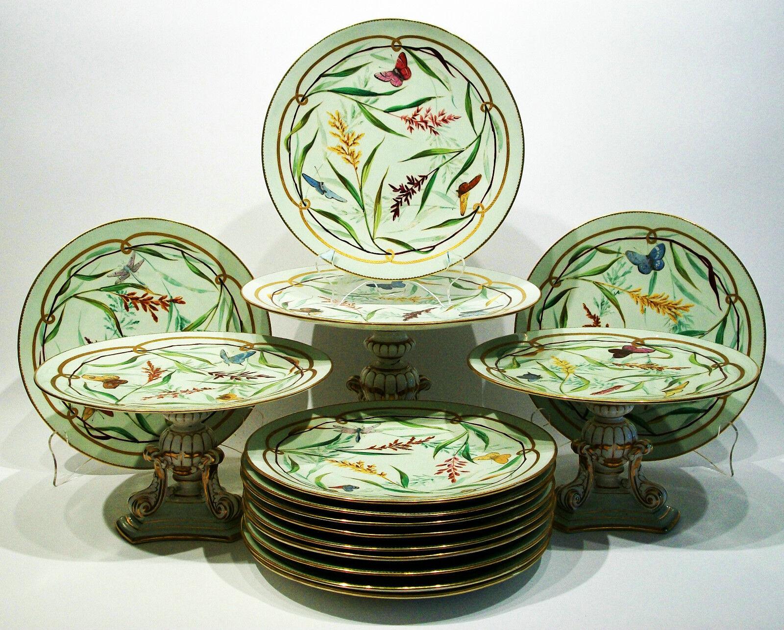 James Green & Nephew (manufacturer/retailer - active 1834 to 1874) - Rare - museum quality - Victorian/Aesthetic Movement - antique porcelain luncheon or dessert service - hand painted with butterflies in relief along with dragonflies - all set