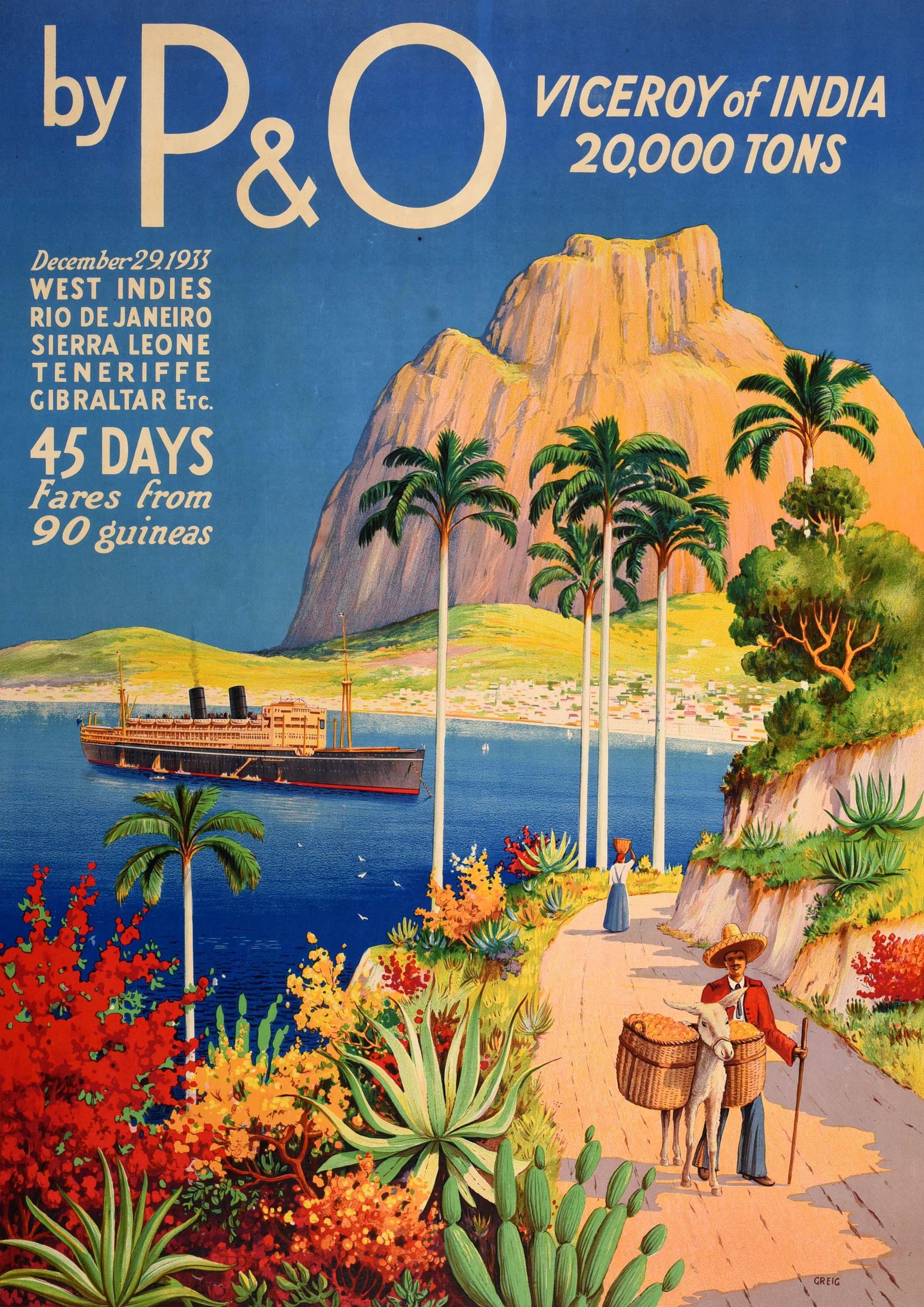Original Vintage Travel Poster P&O Viceroy Of India Gibraltar Winter Cruise Ship - Print by James Greig