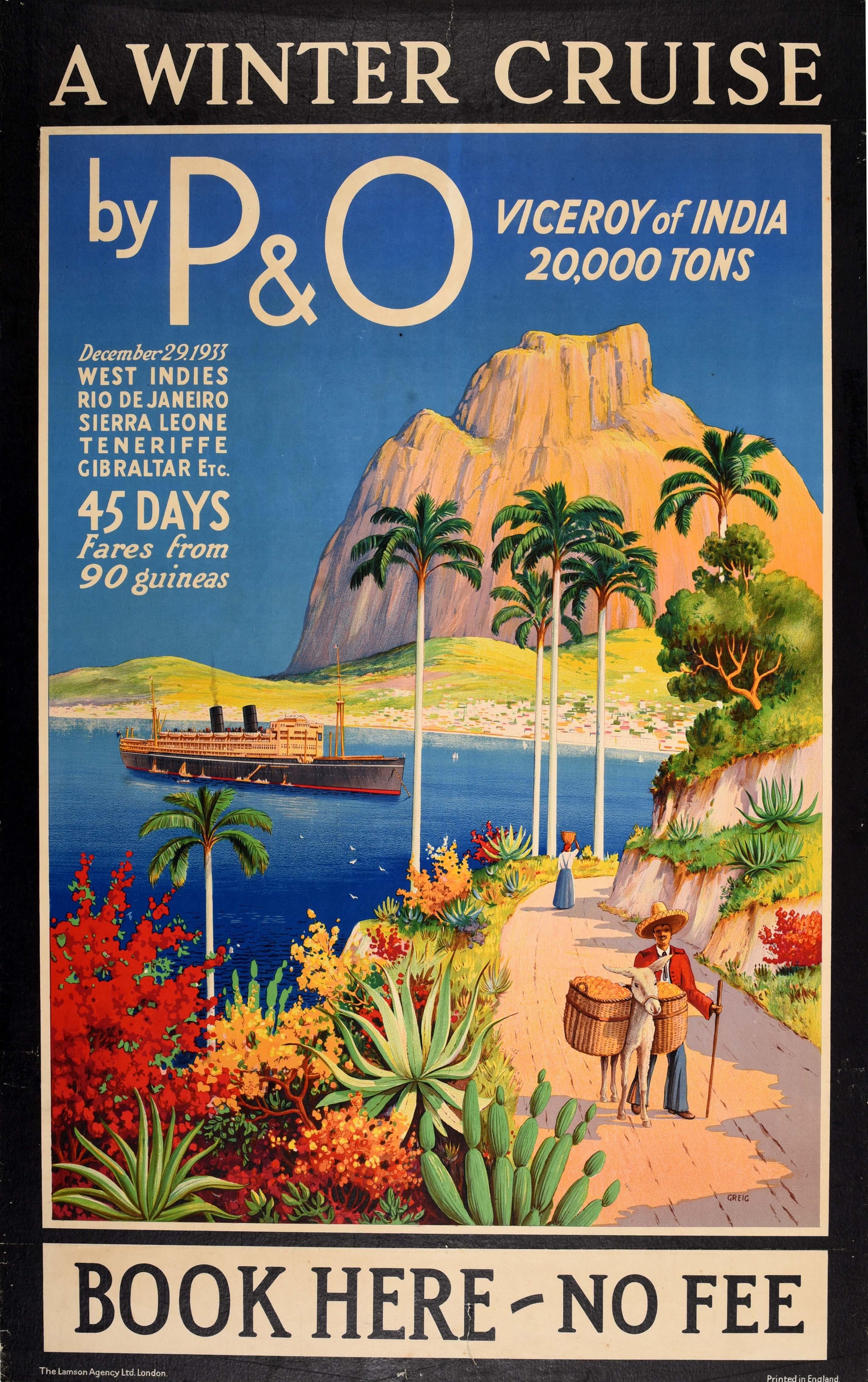 James Greig Print - Original Vintage Travel Poster P&O Viceroy Of India Gibraltar Winter Cruise Ship