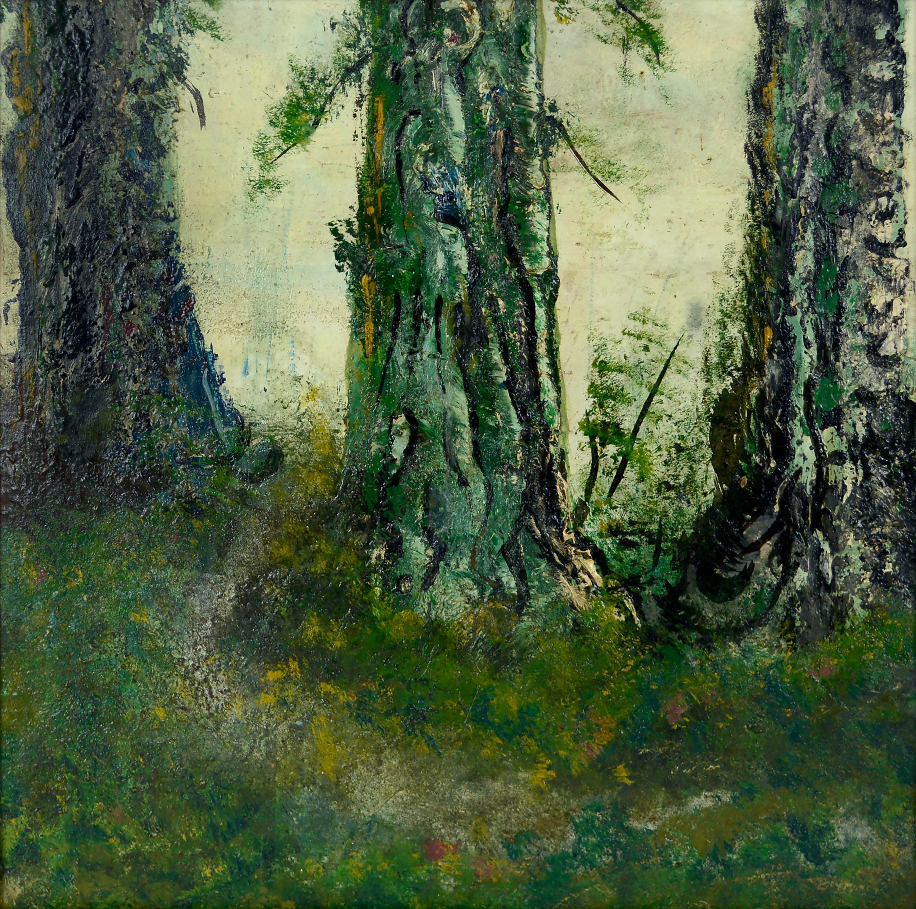 Forest Floor, 1930s California Redwoods Landscape in Green  - Painting by James Grey Crawford