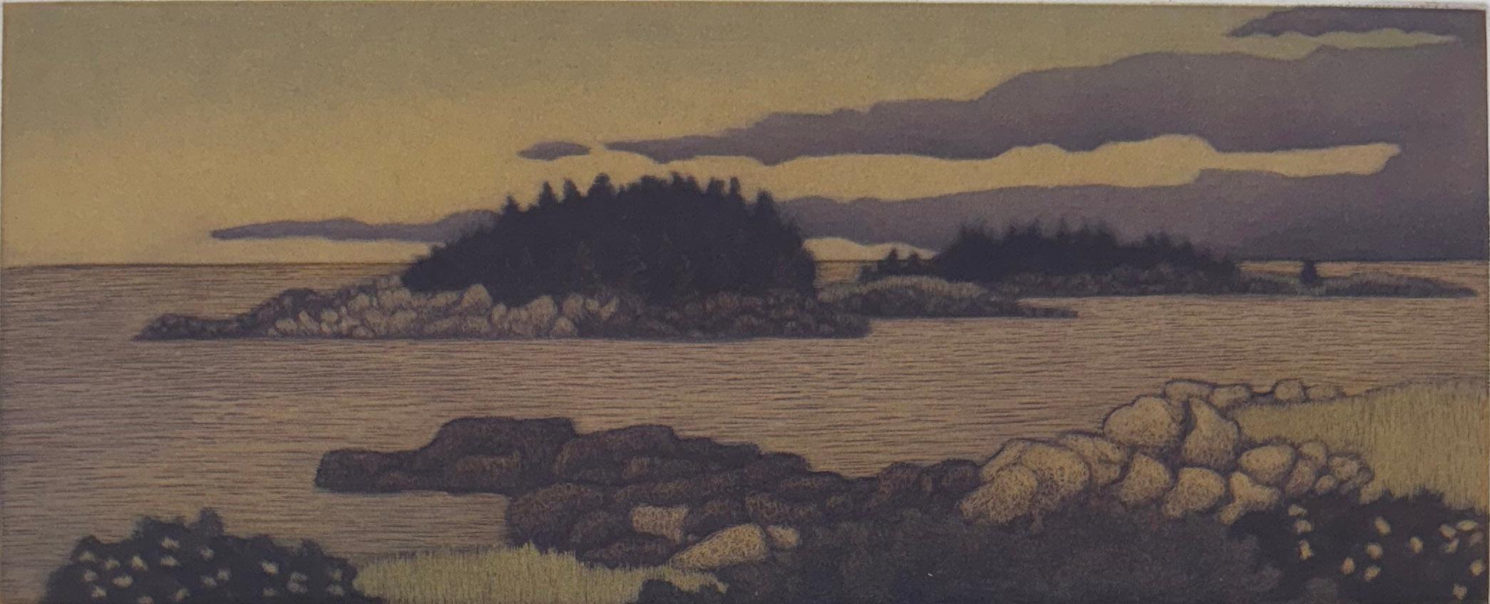 Ésta es una de las dieciocho mezzotintas en color (impresas en chine collé) que representan el paisaje de la costa de Maine. Los atisbos del Movimiento de Artes y Oficios de principios del siglo XX son evidentes en la paleta de verdes y grises, con