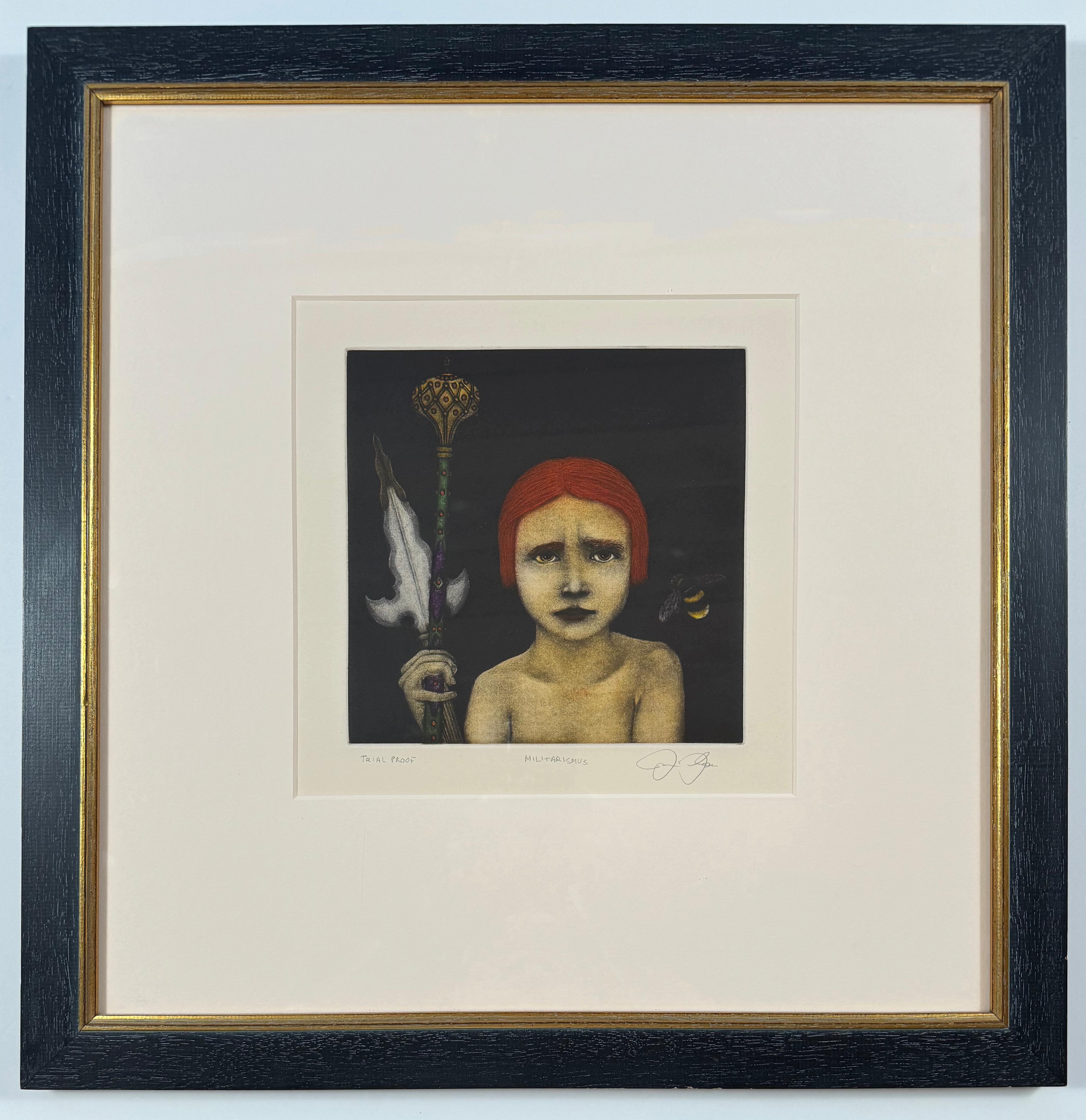 Militarisimus is one of sixteen color mezzotints from James Groleau’s acclaimed suite Flowers of Turbulence, a series composed of eight portraits and eight floral studies. Each portrait was inspired by nineteenth-century daguerreotypes and