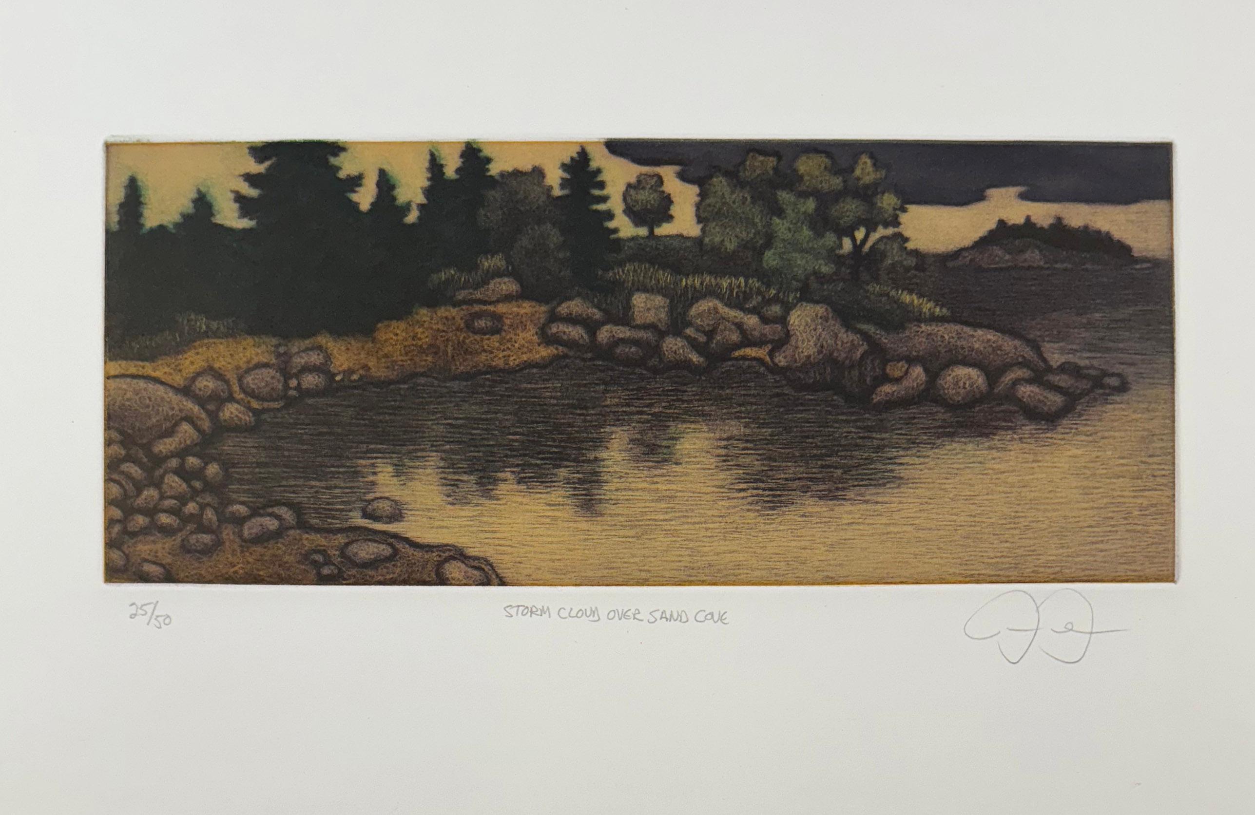 Nuvola di tempesta su Sand Cove,  mezzatinta della costa del Maine di James Groleau in vendita 1