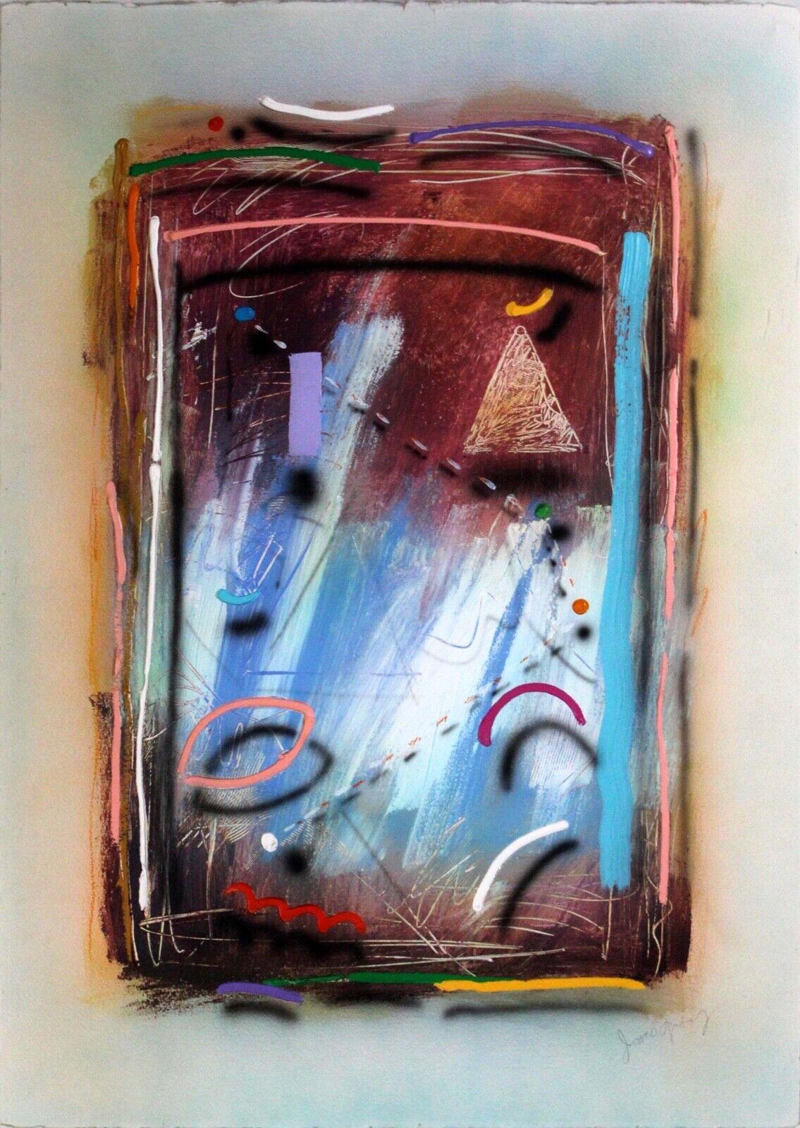 A marvelous modern abstract mixed media on paper titled Neon Talk by James Goody. Signed in pencil on the bottom right. A fantastic statement piece for any modern or contemporary designed space. Floated in an acrylic shadowbox frame. Dimensions: