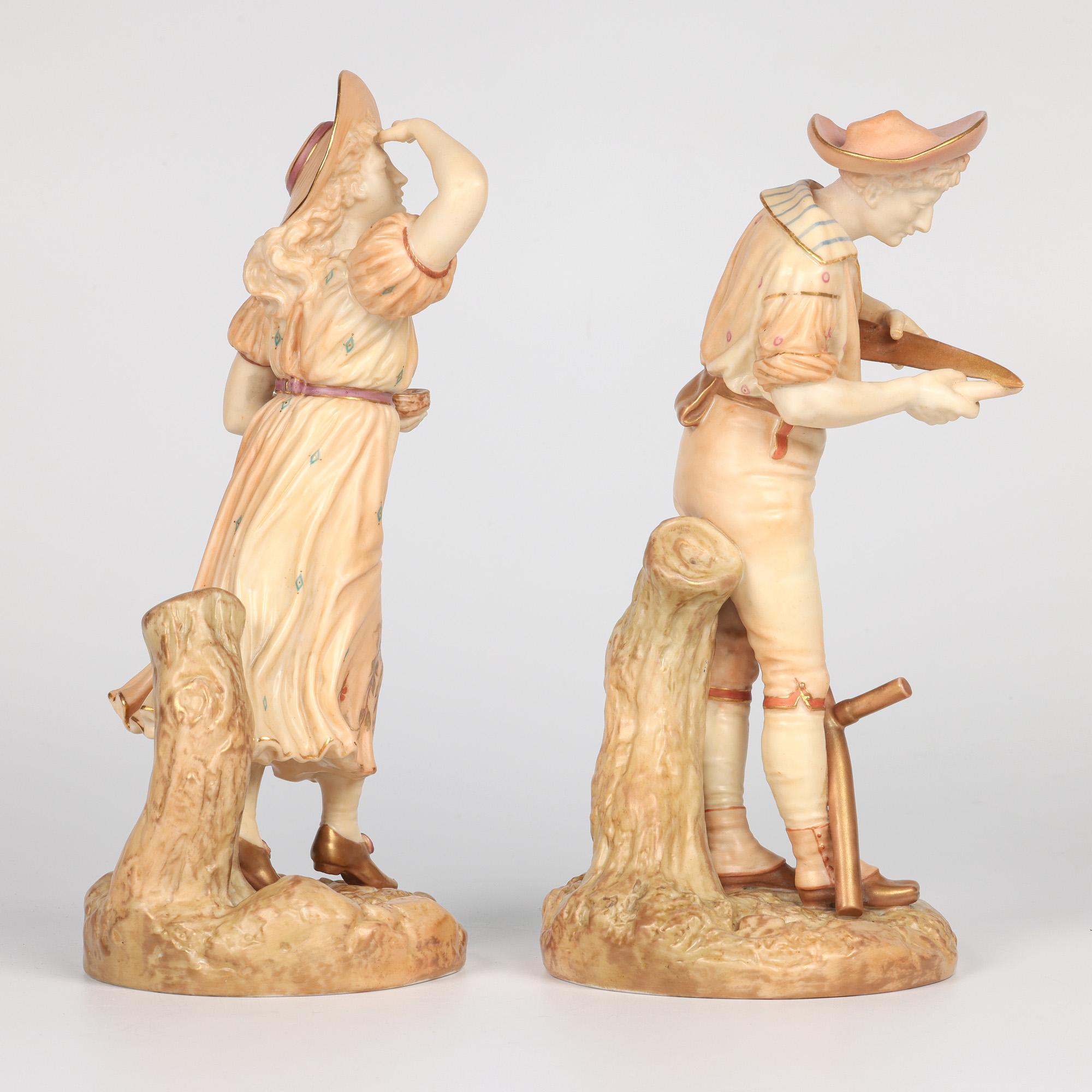 Figuras de campesinos James Hadley Royal Worcester Blush Ivory Fines del siglo XIX en venta