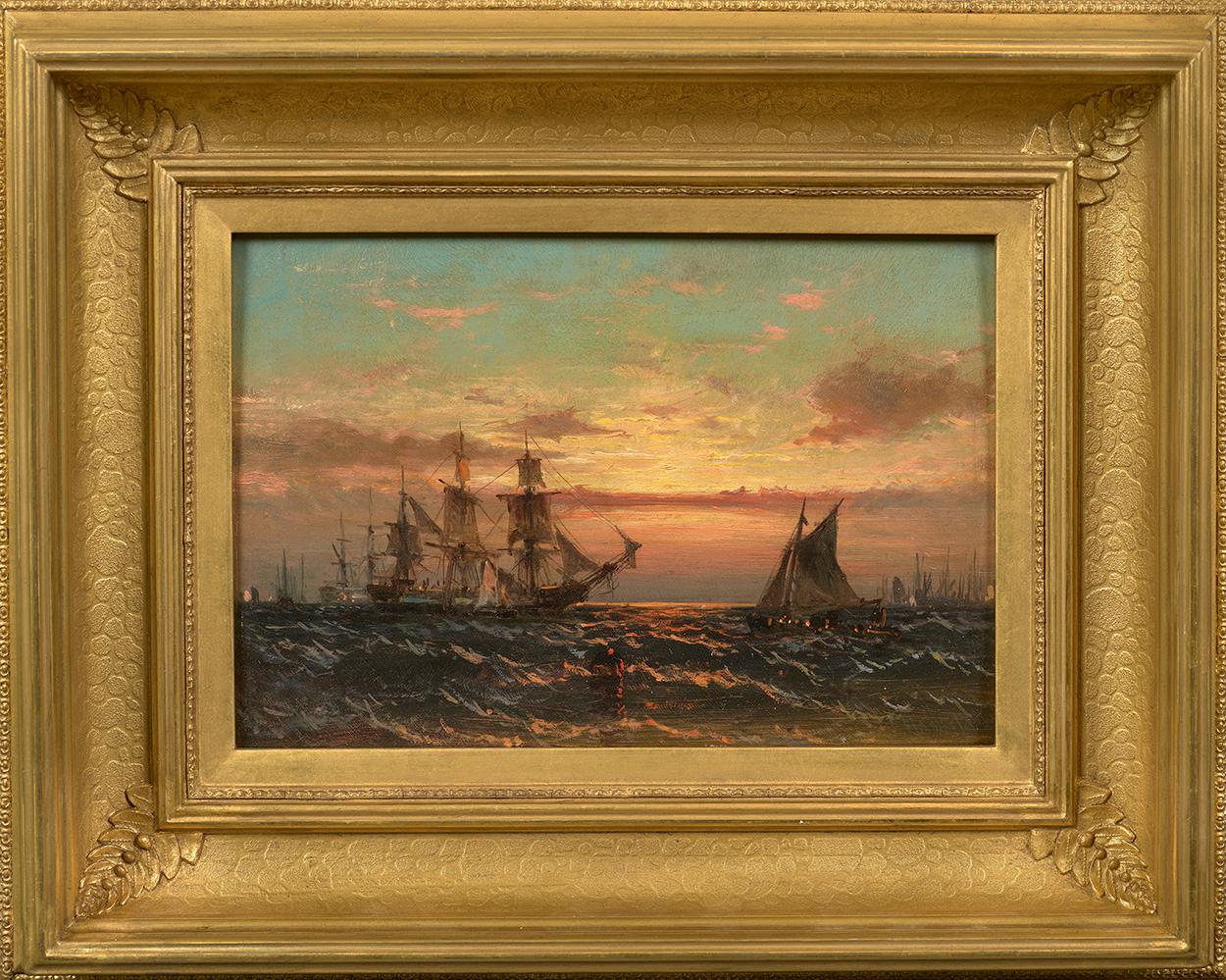 Küstensszene am Sonnenuntergang mit Schiffen  – Painting von James Hamilton