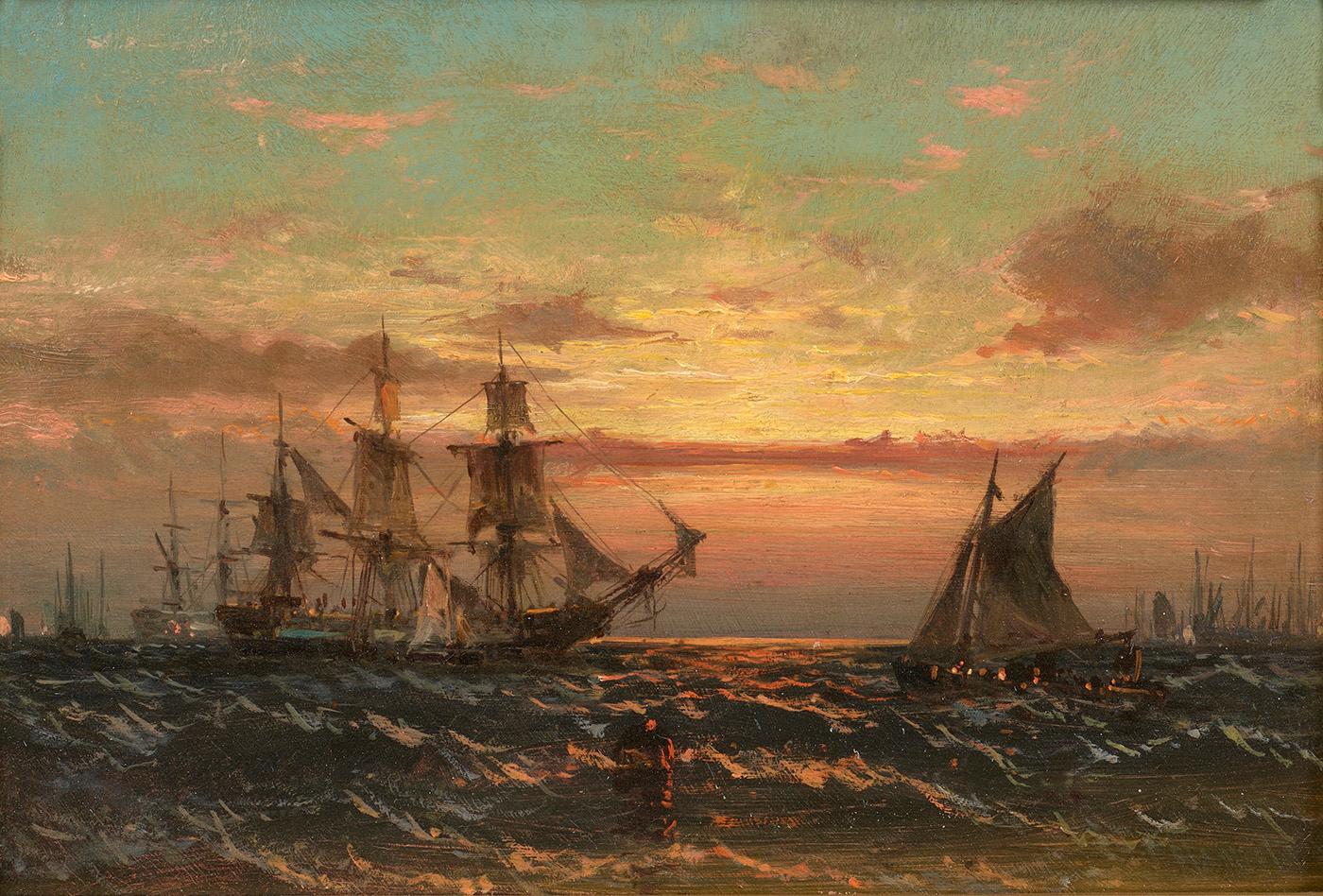 Küstensszene am Sonnenuntergang mit Schiffen 