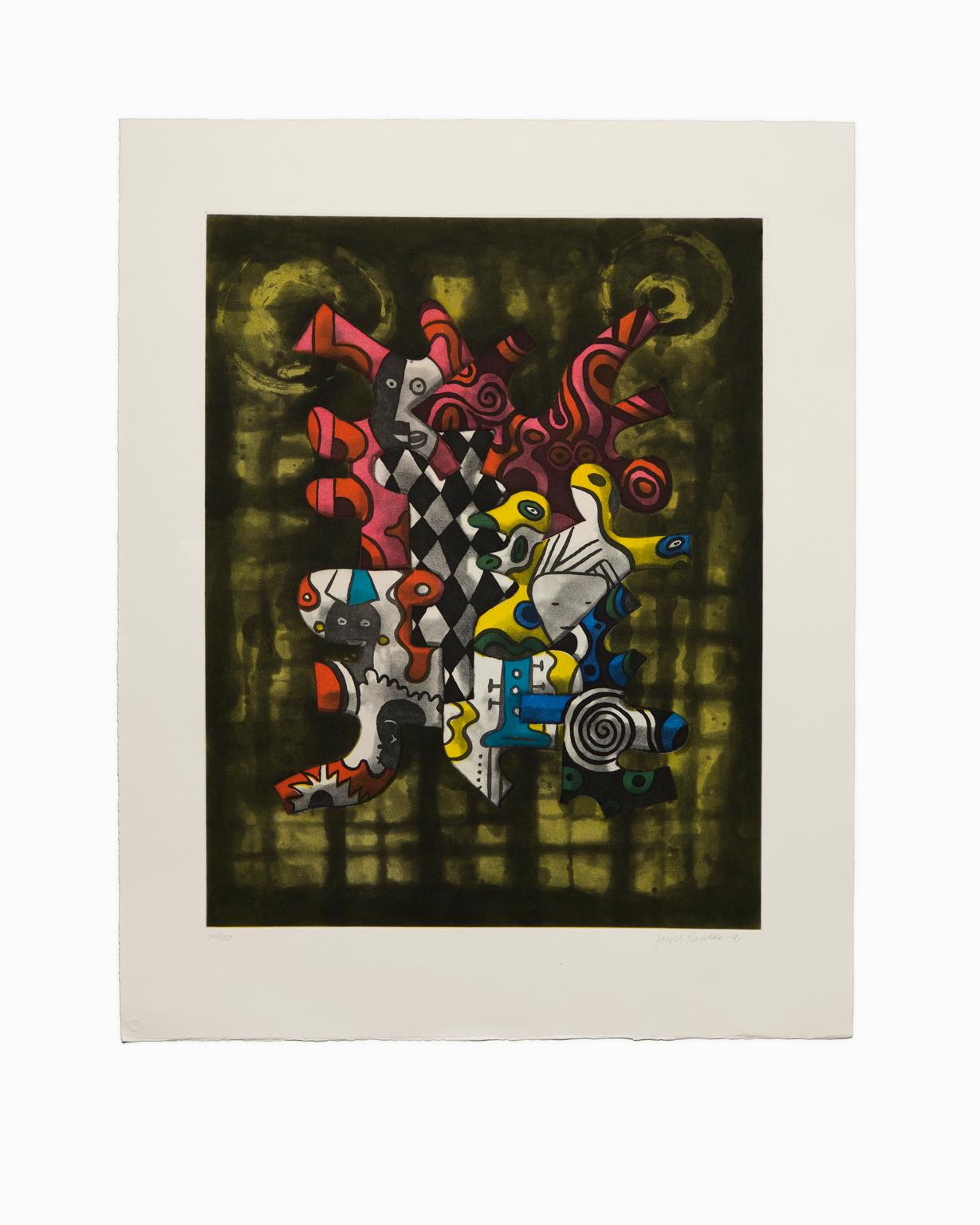 ONE WEEK ONLY SALE AT 40%

"Untitled III" is a work that displays James Hansen's intense colors and shapes of his abstract and surrealist style. This print made with etching and aquatints with hand-coloring on Arches paper pops with the illusion of