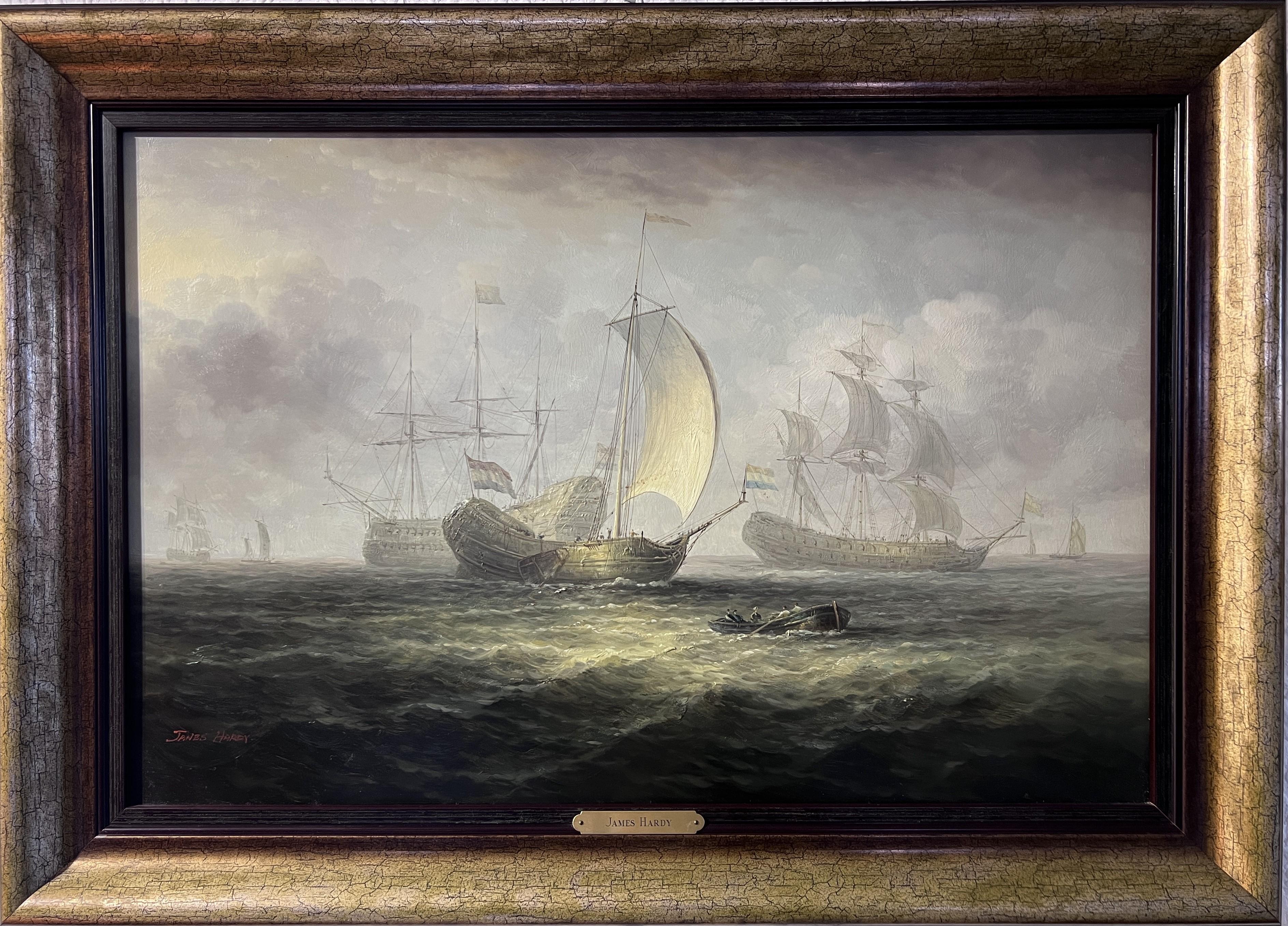 Up for sale gorgeous original vintage oil painting on wood panel/board depicting a maritime scene bustling with activity and dynamic interaction among various sailing vessels. 

The composition centers on a large ship with its sails fully unfurled,