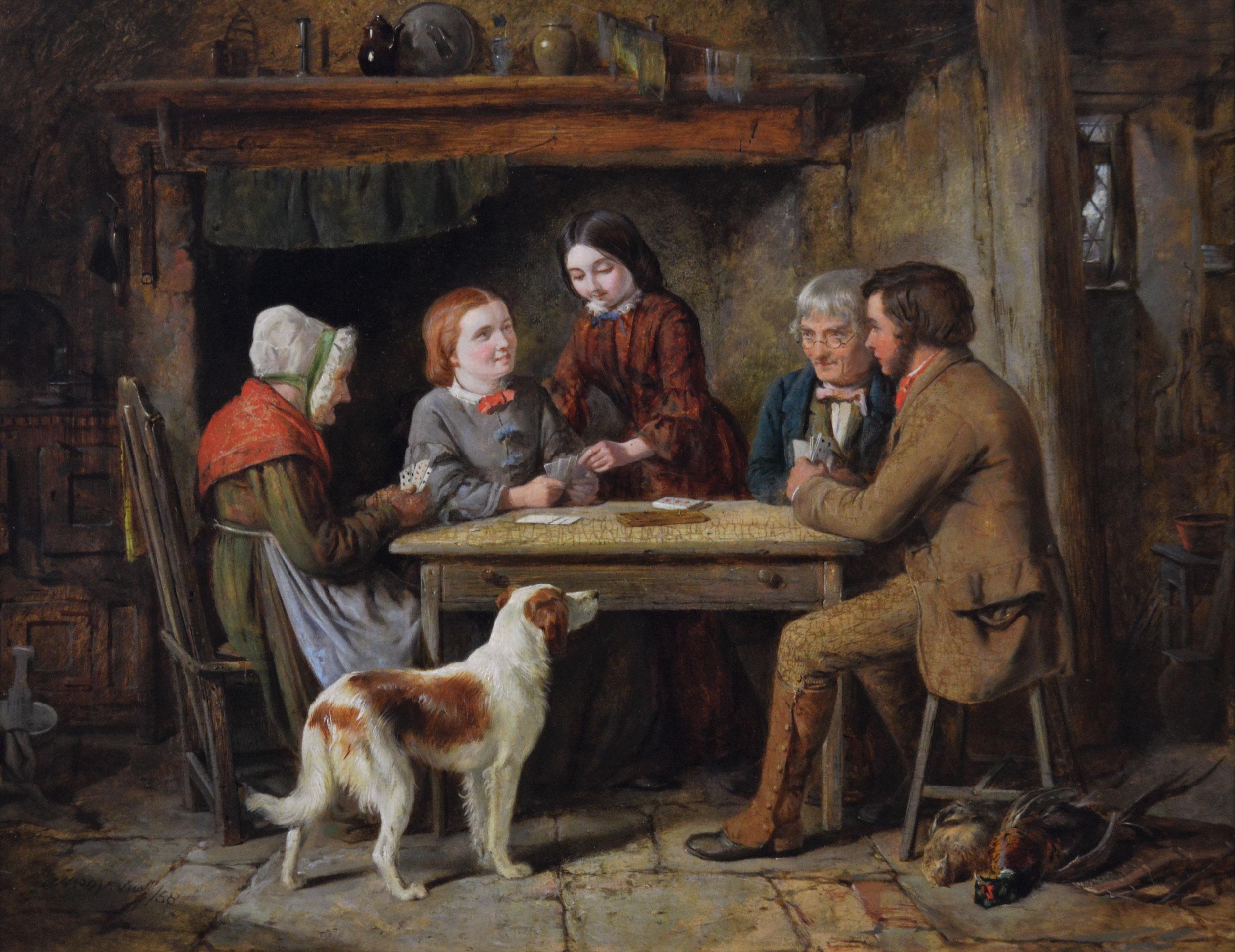 Dipinto a olio di genere del XIX secolo raffigurante una famiglia che gioca a carte - Painting di James Hardy Jr.