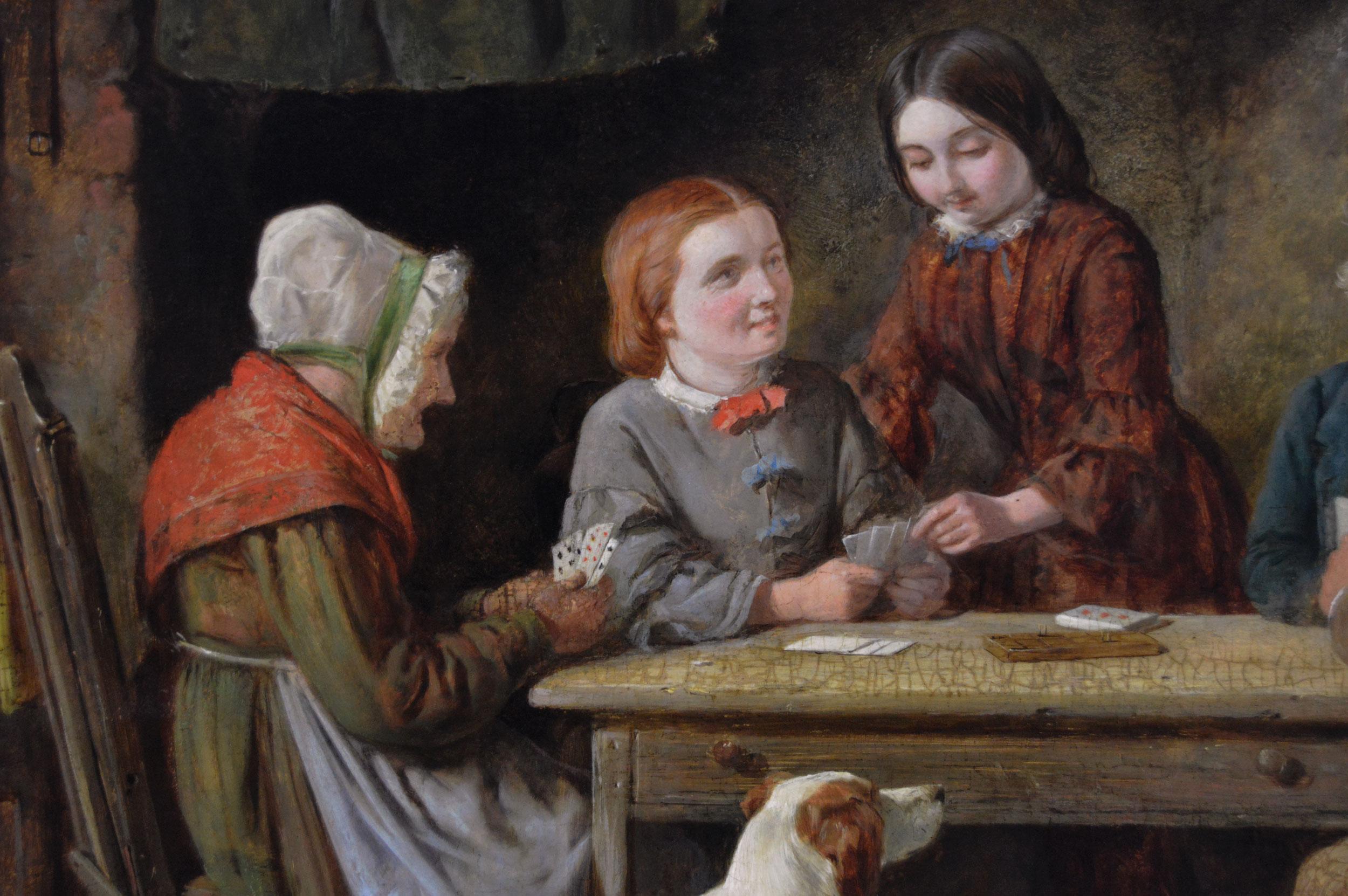 Dipinto a olio di genere del XIX secolo raffigurante una famiglia che gioca a carte - Figurative Painting Marrone di James Hardy Jr.