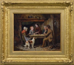 Antique 19th Century genre oil painting of a family playing cards