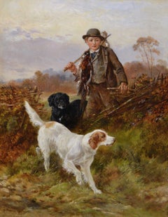 19th Century sporting oil painting of a boy with gundogs