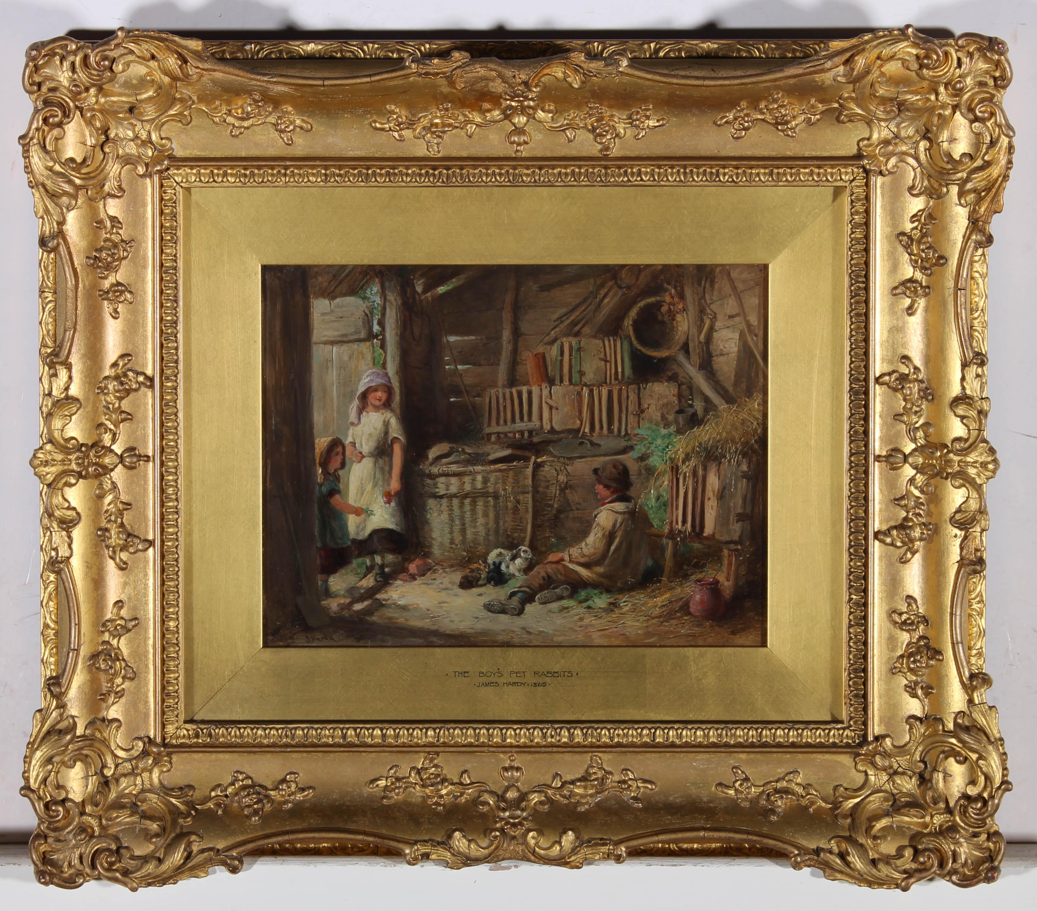 <p>Am exquisite example of the work of the Victorian genre scene painter, Thomas Hardy Junior. The scene shows a barn interior, with a young boy seated on the hay strewn floor, with his pet rabbits. Two little girls stand in the doorway, curiously