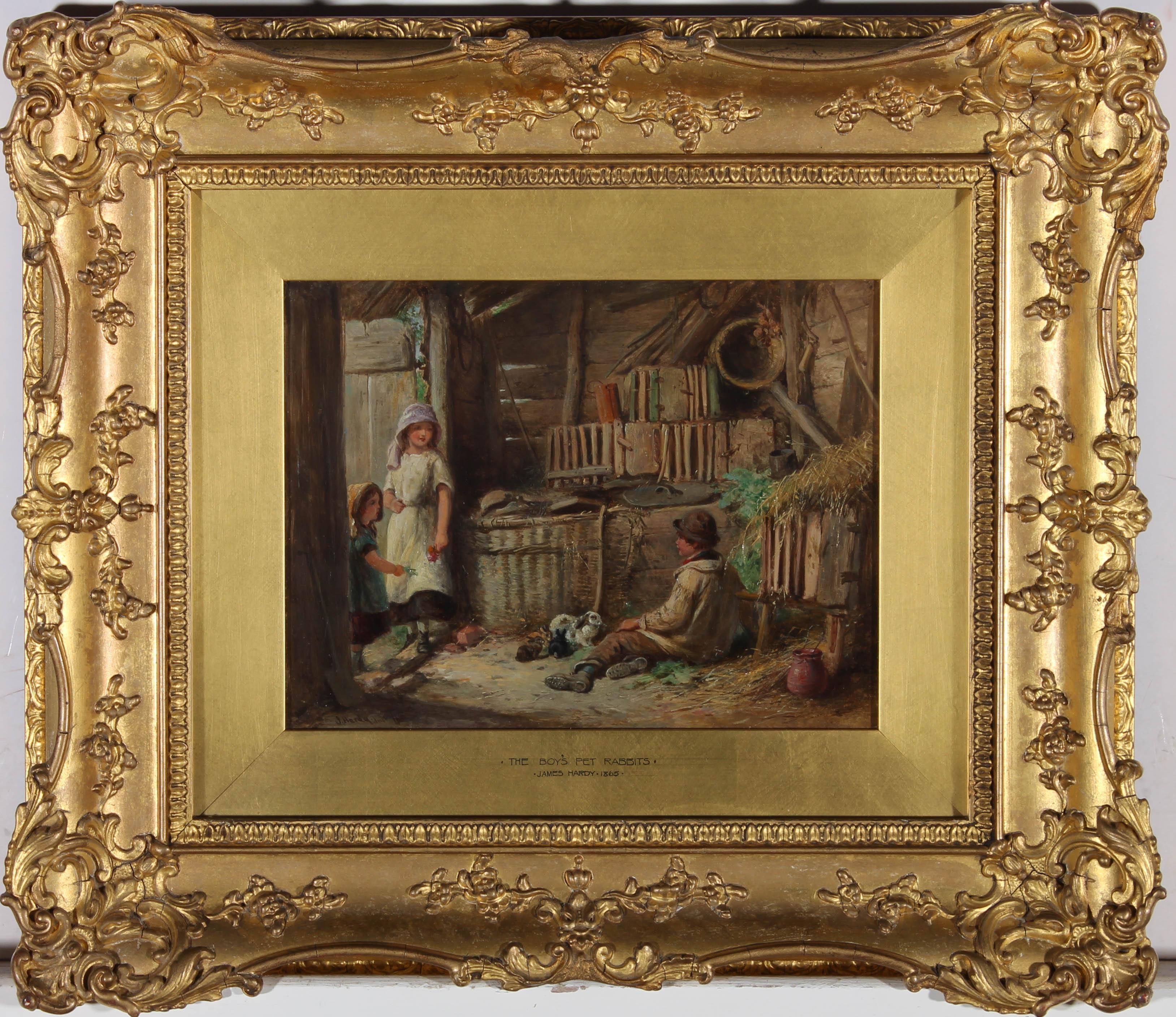 <p>Ein exquisites Beispiel für das Werk des viktorianischen Genreszenenmalers Thomas Hardy Junior. Die Szene zeigt das Innere einer Scheune, in der ein kleiner Junge mit seinen Lieblingskaninchen auf dem mit Heu bestreuten Boden sitzt. Zwei kleine