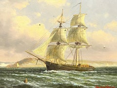 Classic Tall Sailing Ship in Choppy Waters off Coastline, signed oil painting