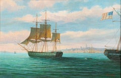 JAMES HARDY - GRÖSSE SIGNED OIL - 19. Jahrhundert AMERICAN FRIGATE SHIPS OFF CITY COASTLINE