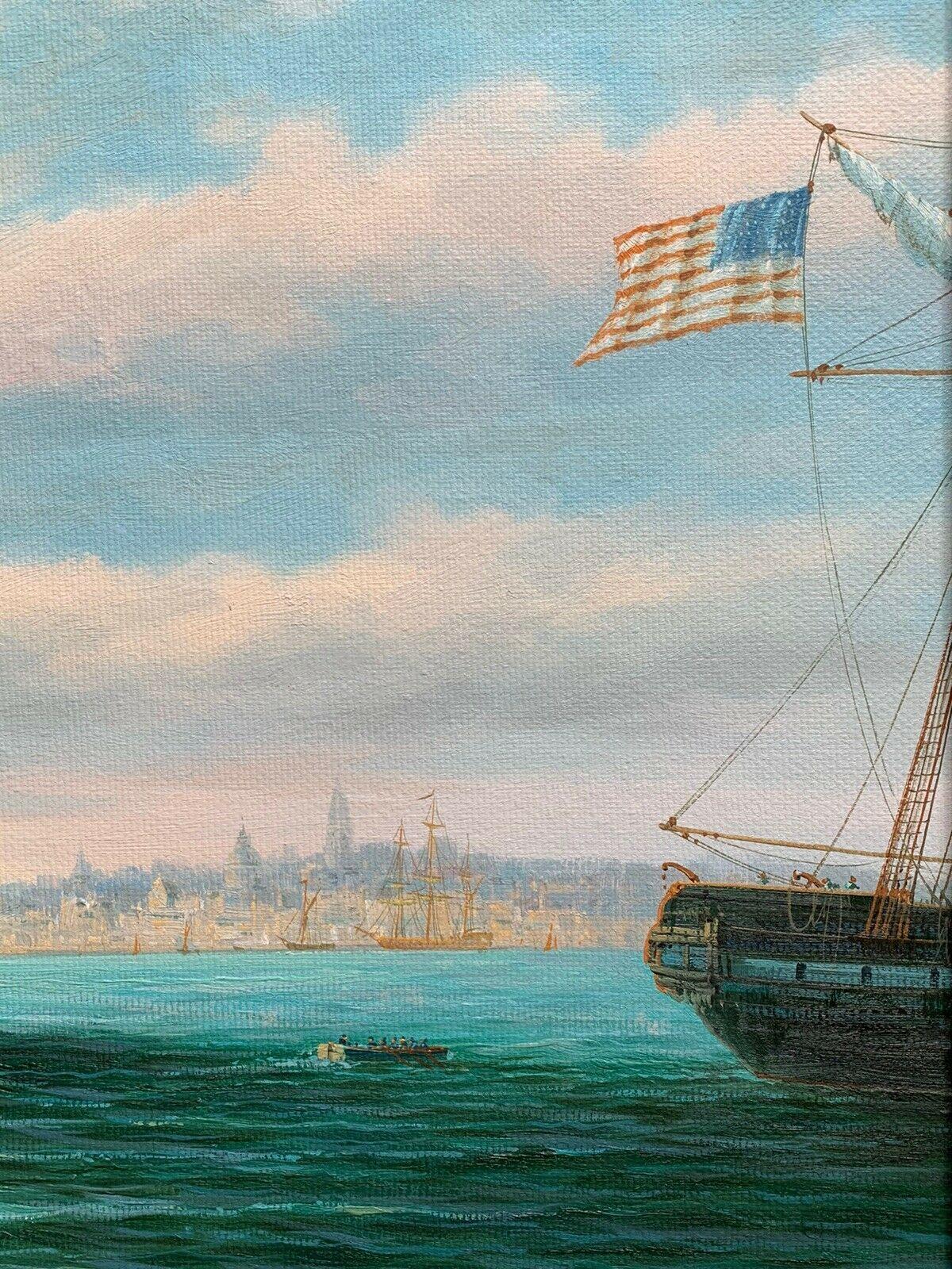 JAMES HARDY - LARGE SIGNED OIL - 19thC AMERICAN FRIGATE SHIPS OFF CITY COASTLINE - Realist Painting by James Hardy