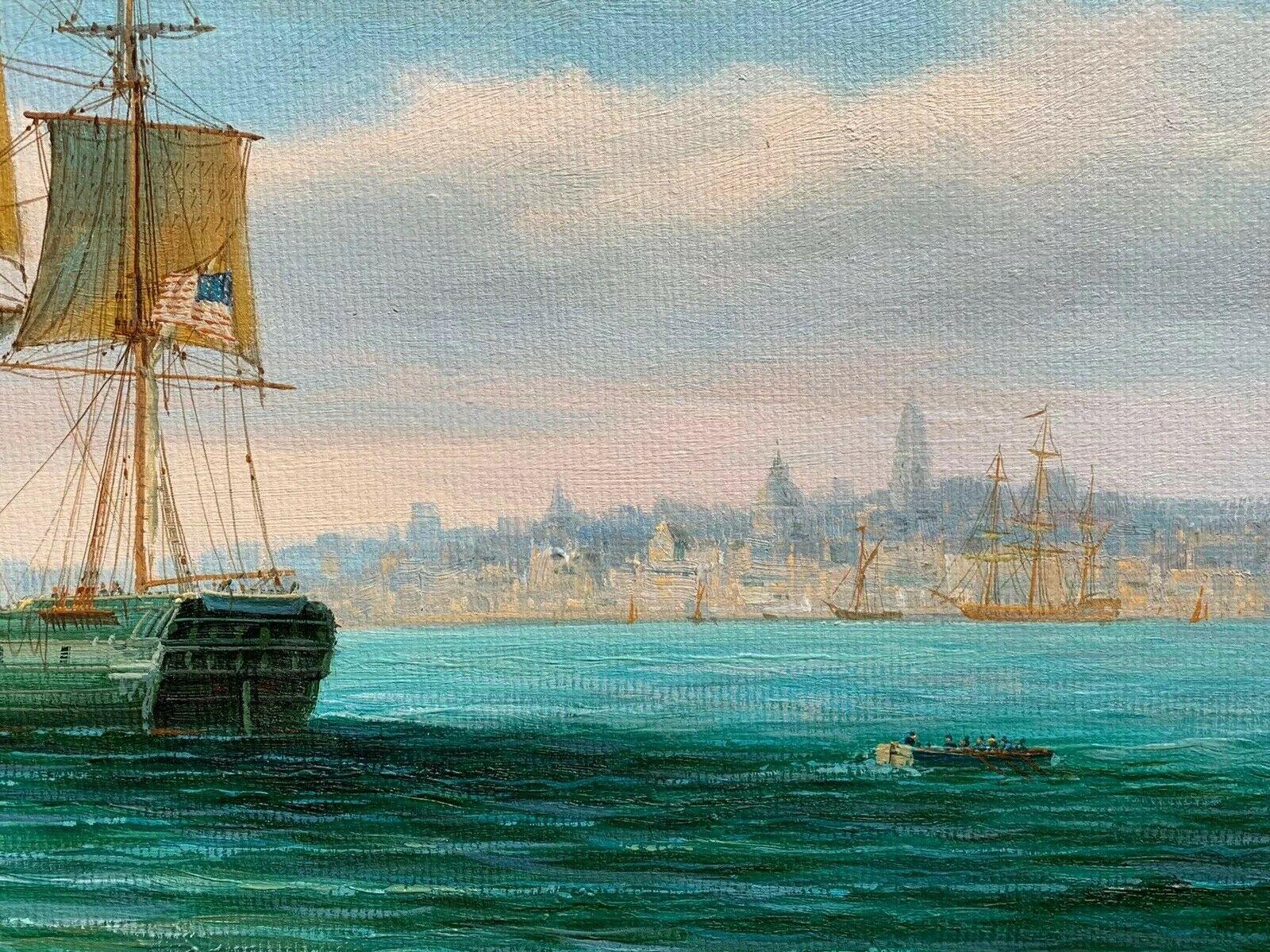 JAMES HARDY - LARGE SIGNED OIL - 19thC AMERICAN FRIGATE SHIPS OFF CITY COASTLINE - Gray Portrait Painting by James Hardy