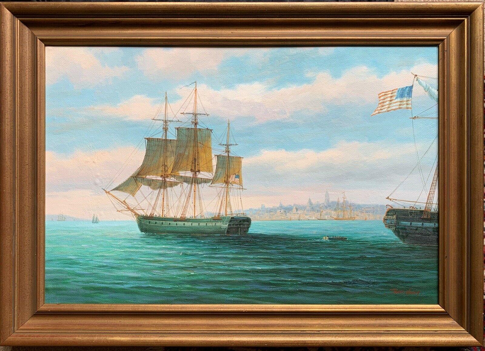 JAMES HARDY - LARGE SIGNED OIL - 19thC AMERICAN FRIGATE SHIPS OFF CITY COASTLINE - Painting by James Hardy