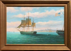 JAMES HARDY - LARGE SIGNED OIL - 19thC AMERICAN FRIGATE SHIPS OFF CITY COASTLINE
