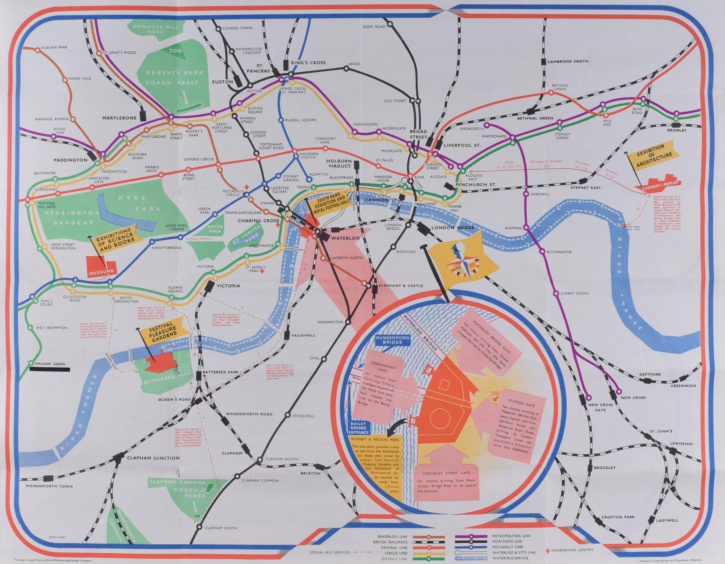 James Hart Festival of Britain 1951 London Transport map poster UK Mid Century